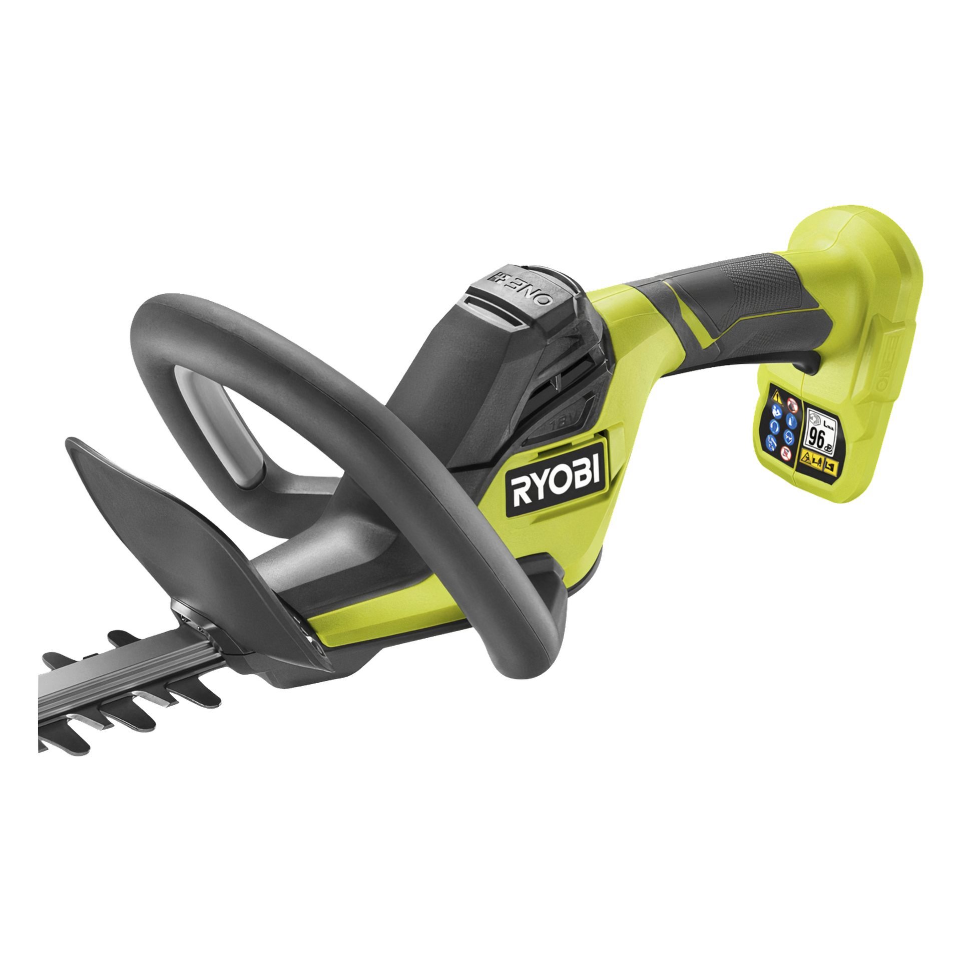 En detaljerad vy av Ryobi One+ RY18HT55A-0 häcksax, med fokus på dess handtag, avtryckare, skyddsskydd och en del av bladet. Trimmern visar en grön och svart färgschema med Ryobi One+-loggan på sidan.