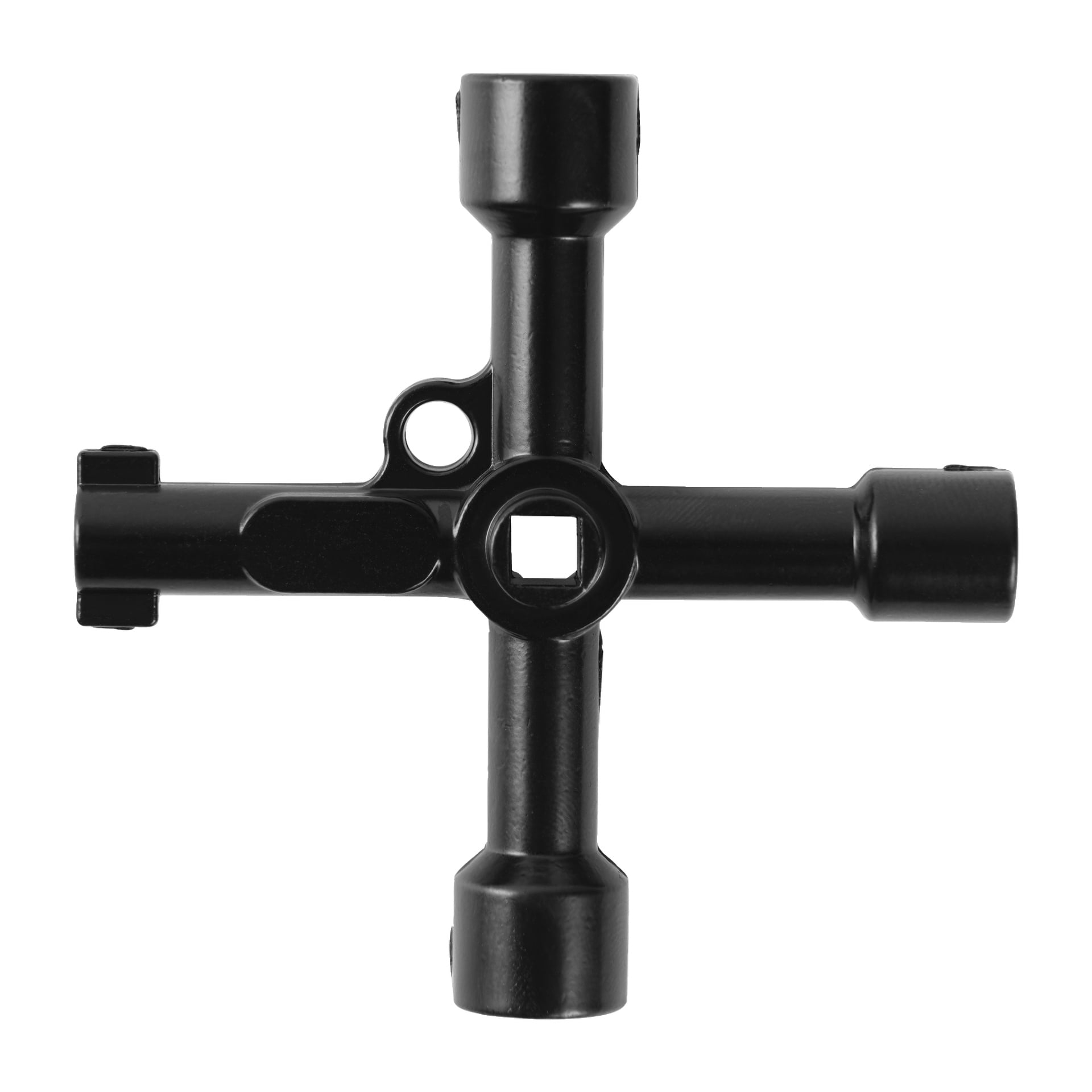 En svart Hard Head Universal elektrisk och rörmoknyckel med fyrvägsdesign och en central fyrkantig öppning, använd för att lossa och dra åt muttrar.