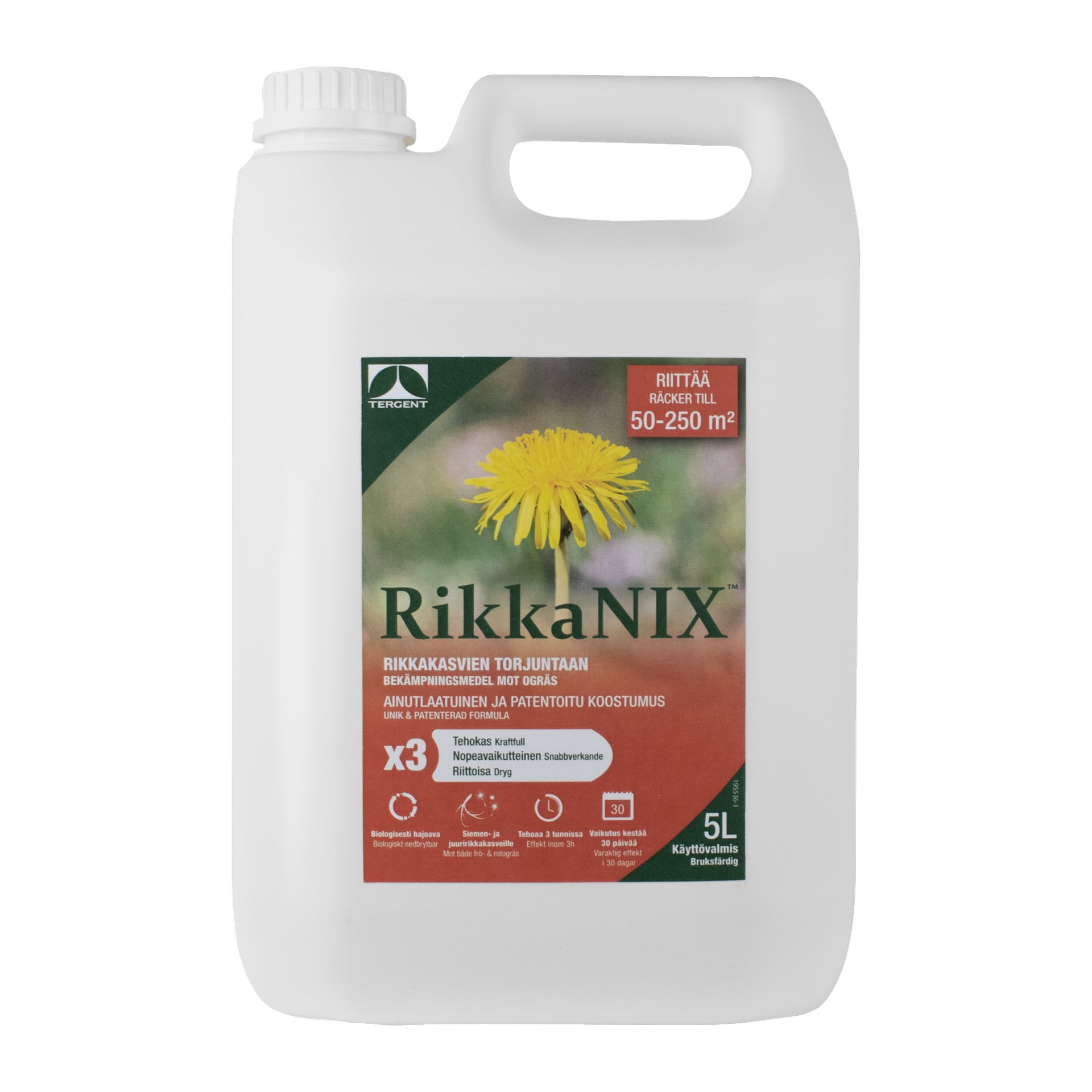 Valkoinen 5-litrainen muovirasia, jossa Tergent on merkinnyt "Vinegar Weed Killer RikkaNIX", esittelee keltaista voikukan kukkaa etupuolella. Etiketti kuvaa sitä rikkakasvien torjunta-aineeksi, kertoo sen kattavan 50–250 neliömetriä ja sisältää käyttöohjeet.