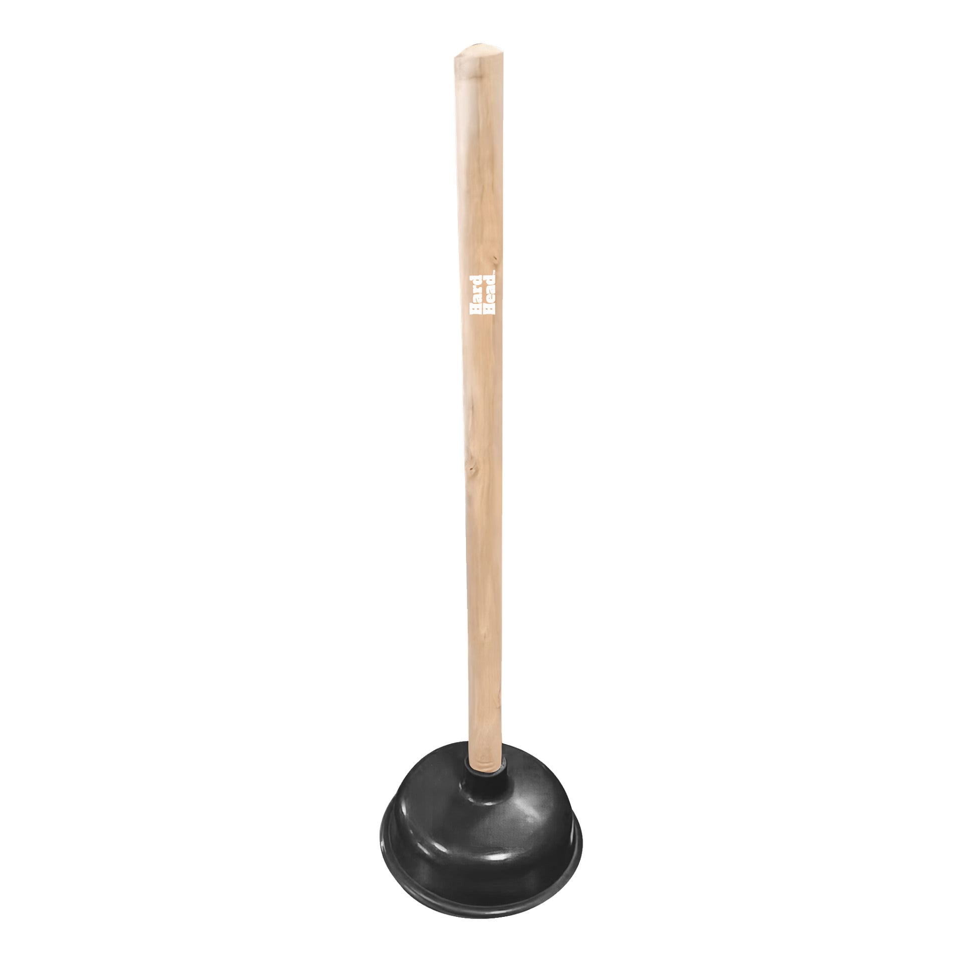 En Hard Head sink-plunger med svart gummisugekopp og et rett trehåndtak står oppreist.