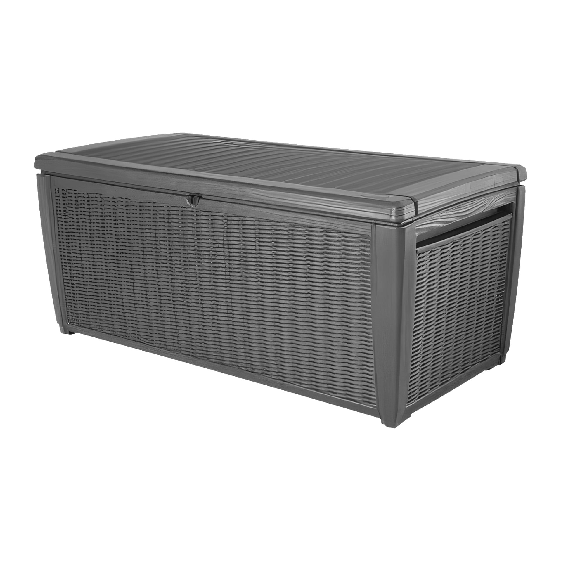 Keter Cushion Box Sumatra är en rymlig rektangulär förvaringslåda designad för utomhusbruk, med en rotingliknande vävd struktur och ett gångjärnsförsedd lock. Dess neutrala färg och robusta bygg gör den lämplig att förvara utetillbehör eller trädgårdsredskap.
