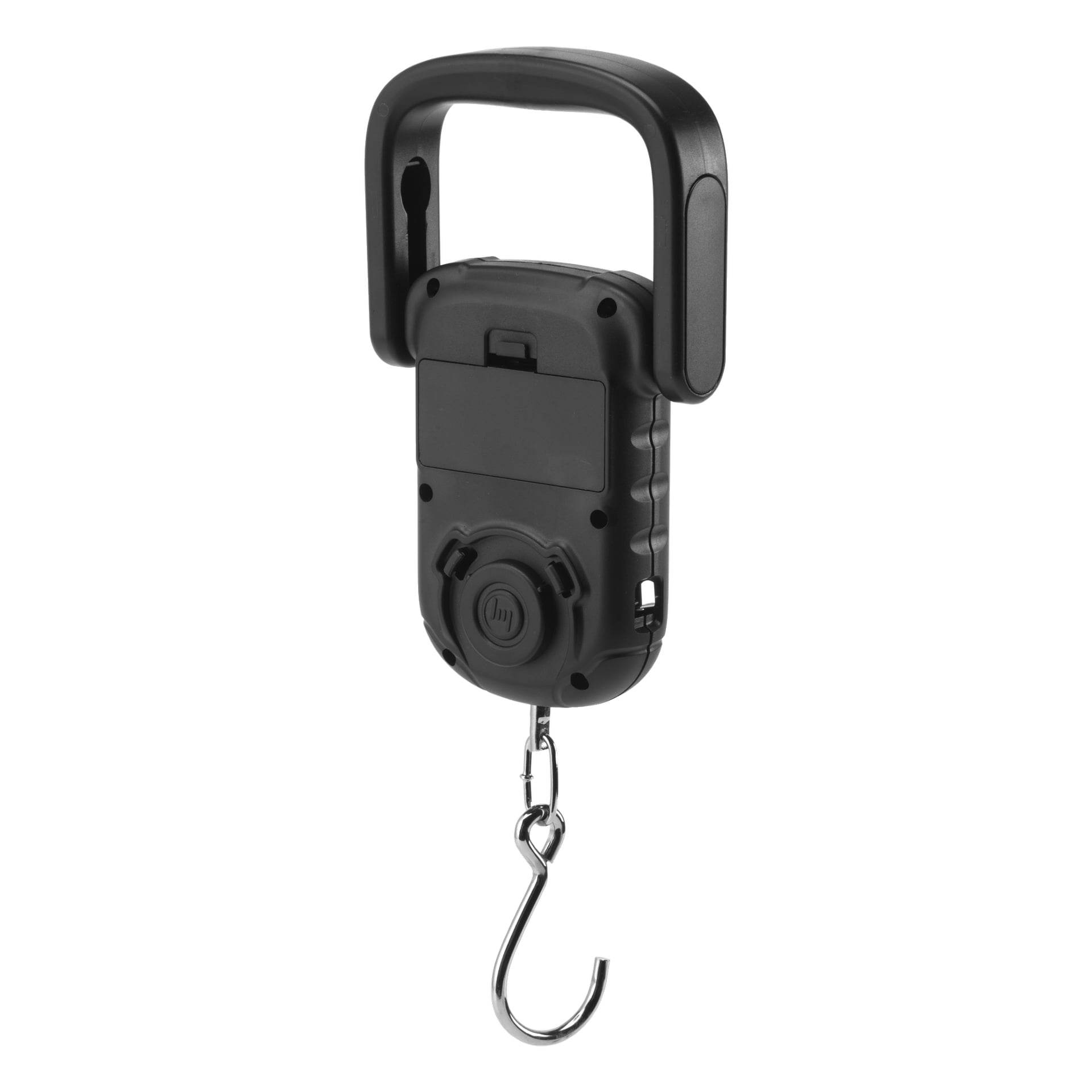 En Kayoba Digital fiskevåg med ett framträdande svart handtag, rektangulärt hölje, digital display, kontrollknapp och en metallkrok under för att fästa föremål som ska vägas.