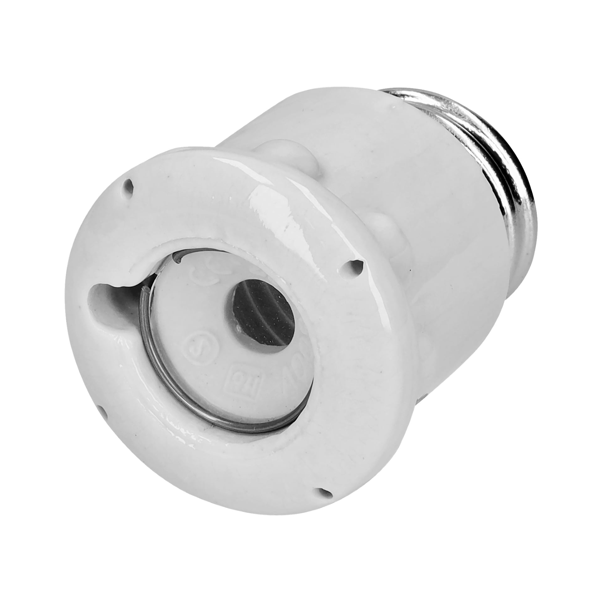 Ifö Plug caps 2-pack, som visar vita keramiska kontaktadaptrar med gängade metallsocklar. Varje adapter har fyra små hål nära basen och ett öppet centrum utformat för att montera en glödlampa.