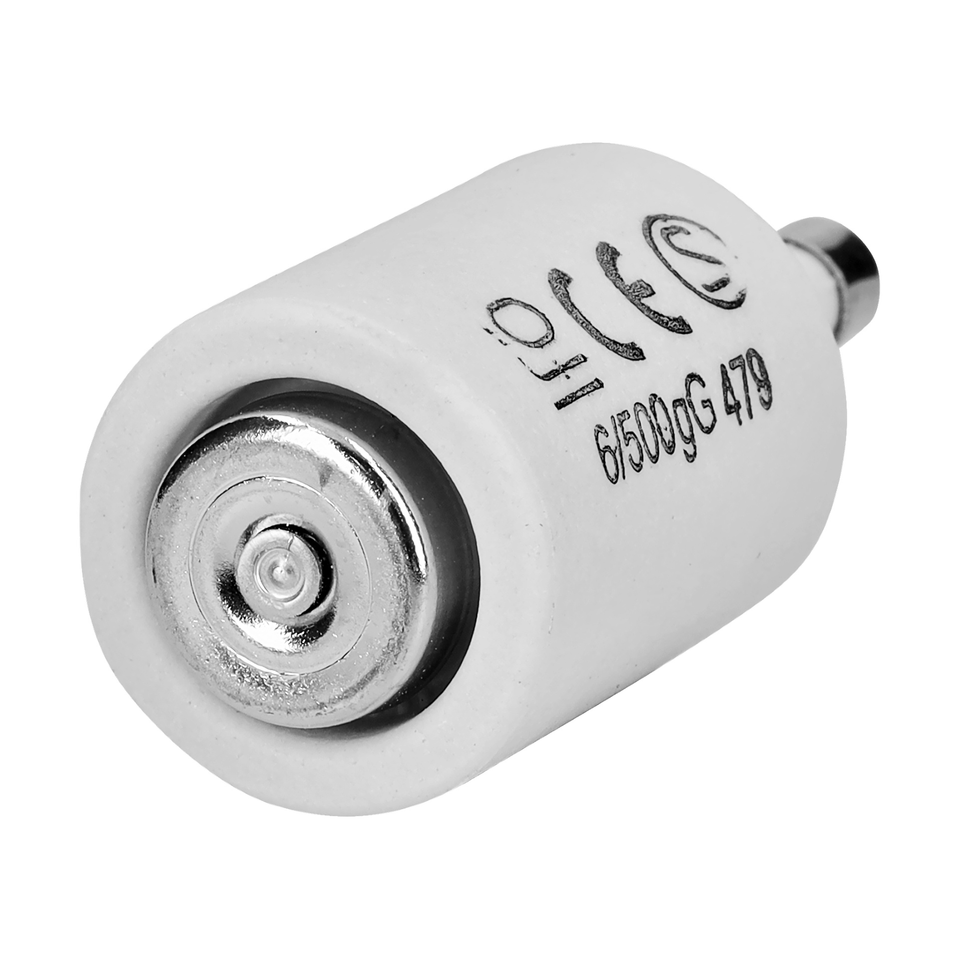 En detaljerad vy av en Ifö vit cylindrisk elektrisk säkring med metalländar, som visar svarta tryckta etiketter och certifieringsmärken på ytan, såsom "G/500G 479", från ett paket med fem.