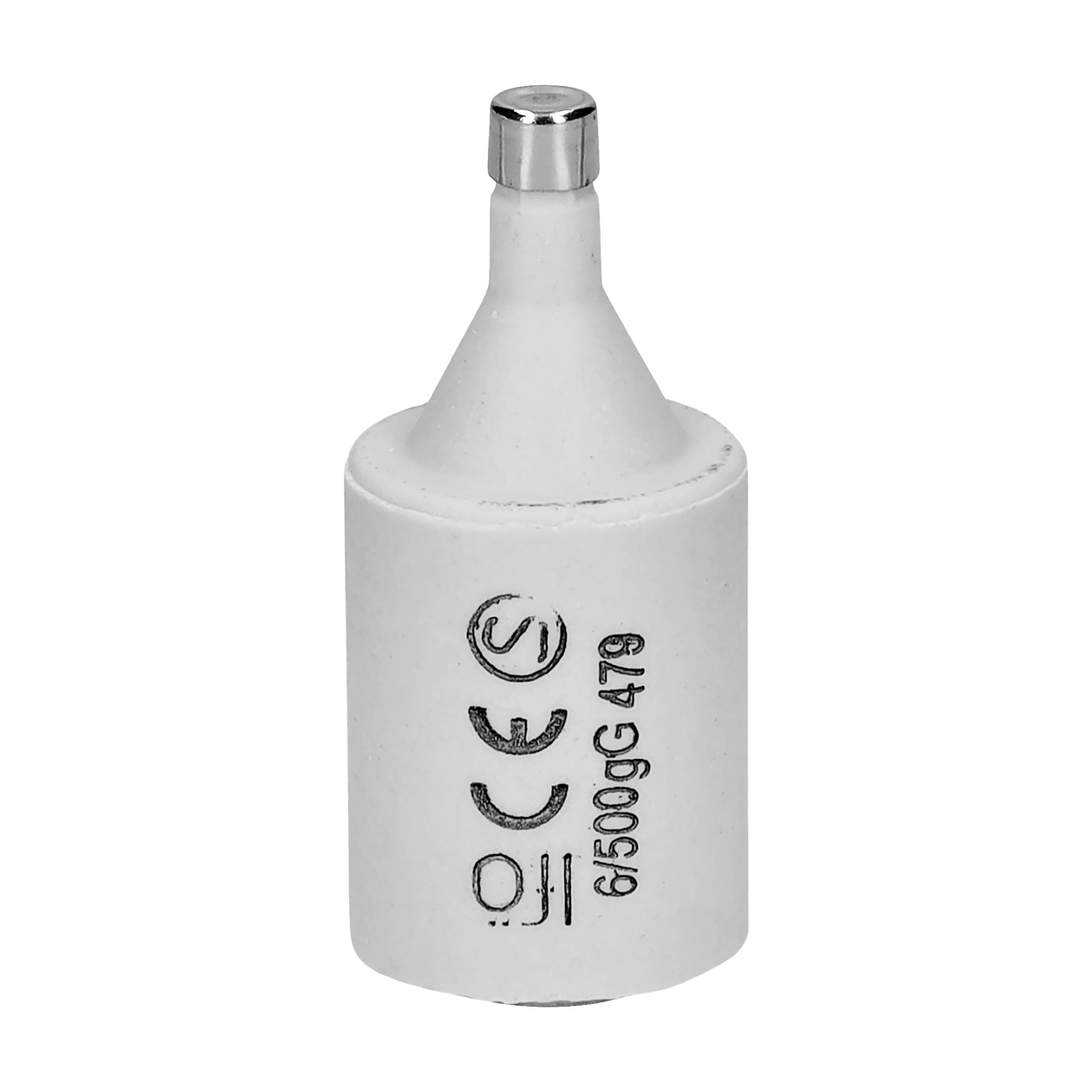 En cylindrisk vit keramisk säkring från Ifös 5-pack står upprätt, med en metalllock på toppen och svarta tryckta markeringar som inkluderar symboler och siffror.