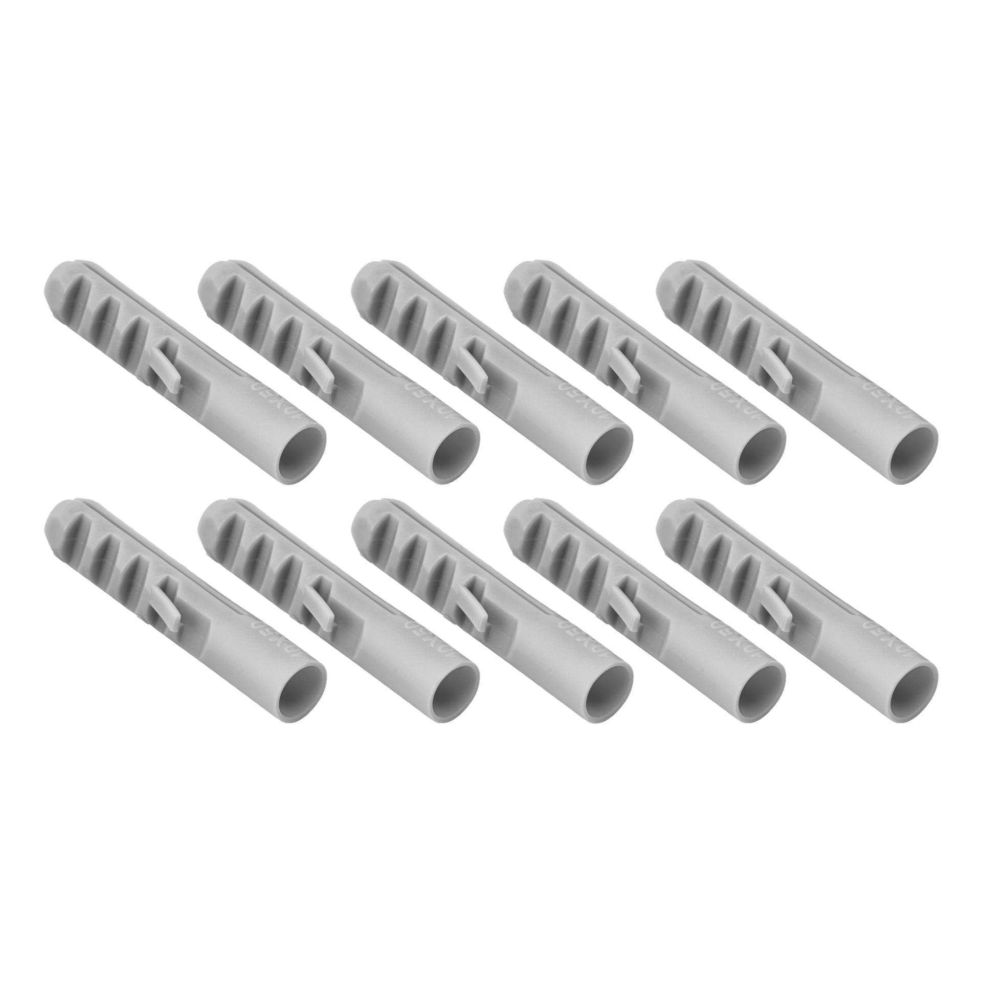 Tio identiska Hard Head Nylon-pluggar är organiserade i två förskjutna rader. Varje plugg har en cylindrisk form med räfflade sidor och en öppen ände.