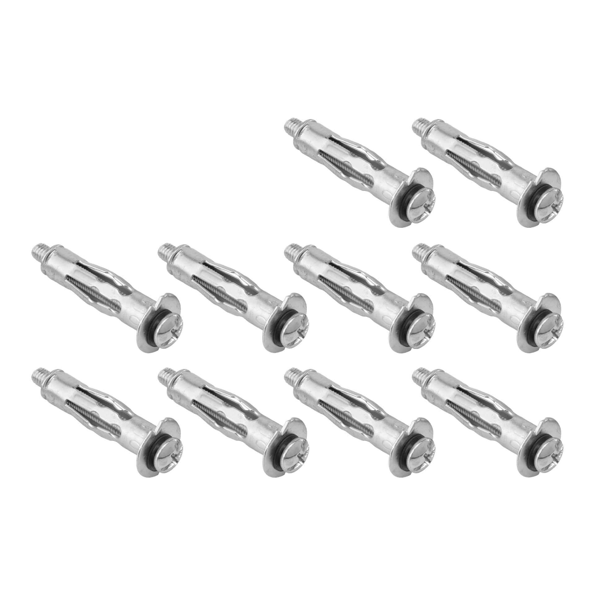 Ti Hard Head Metal Expanders fra en 10-pakning er pent organisert i to rader. Hver ekspansjon har en hul sylindrisk form med ekspanderende flenser, skruehoder og skiver designet for stabil montering.