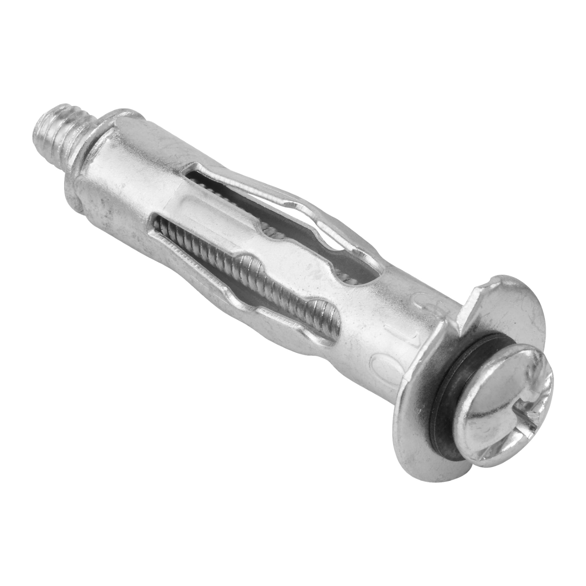 Et detaljert bilde av en Hard Head Metal Expander fra et sett på ti, som viser den gjengede bolten, bredhodet med skruespor, skive og rillet kropp—konstruert for å feste gjenstander til hule vegger.