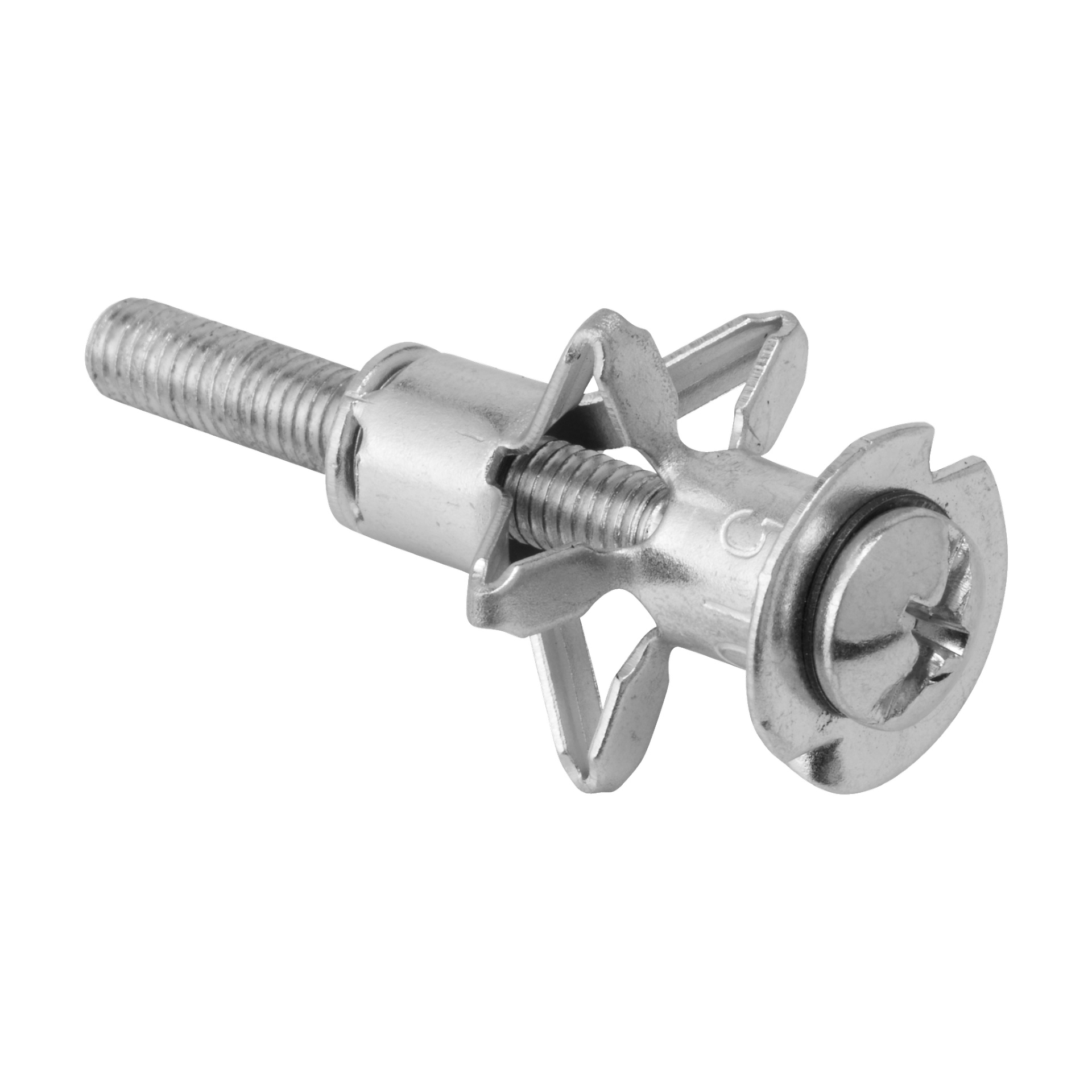 Et detaljert bilde av en Hard Head Metal expanders 10-paknings vegganker fremhever den gjengede skruen og utleggbare vingene, designet for å feste gjenstander til hule vegger som gipsplater. Det sporede hodet er laget for enkel installasjon med en skrutrekker.