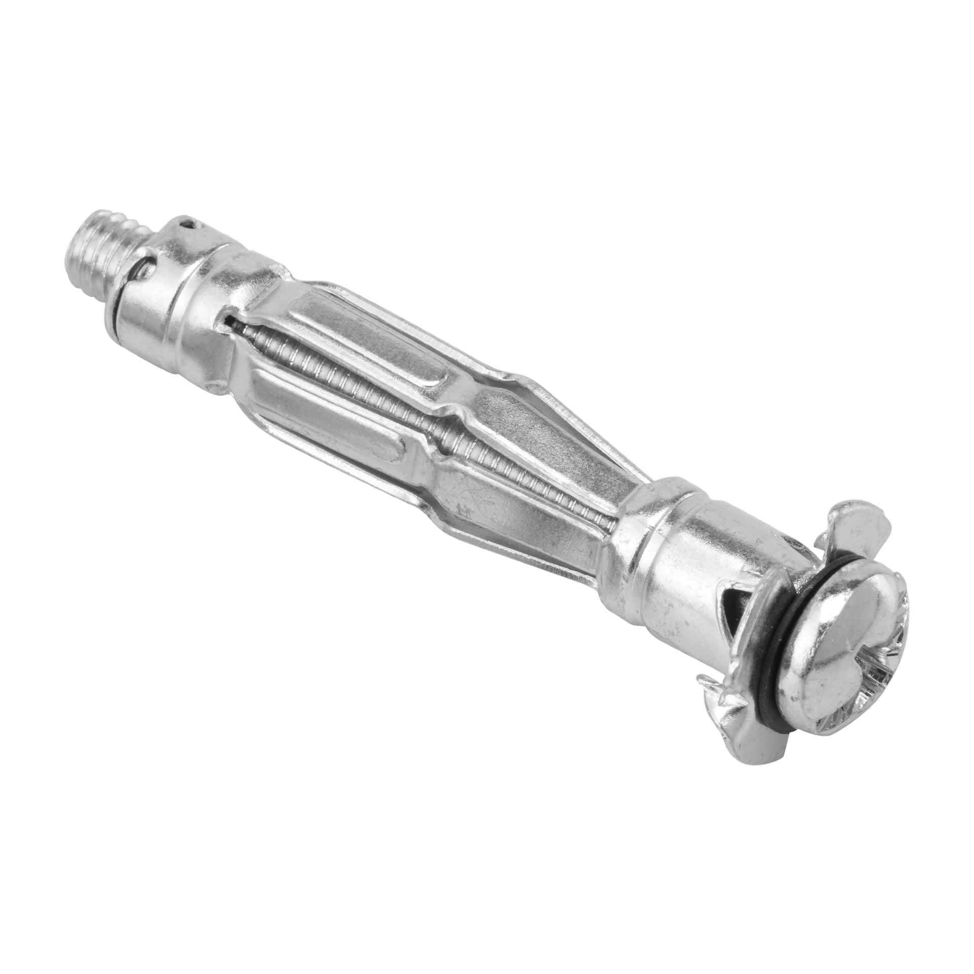Et detaljert bilde av en Hard Head Metal Expanders vegganker fra en 10-pakning, som viser en delvis innsatt skrue. Ankeret viser en utvidet krage og ekspansjonsvinger, ment for å feste gjenstander til hule vegger eller gipsplater.