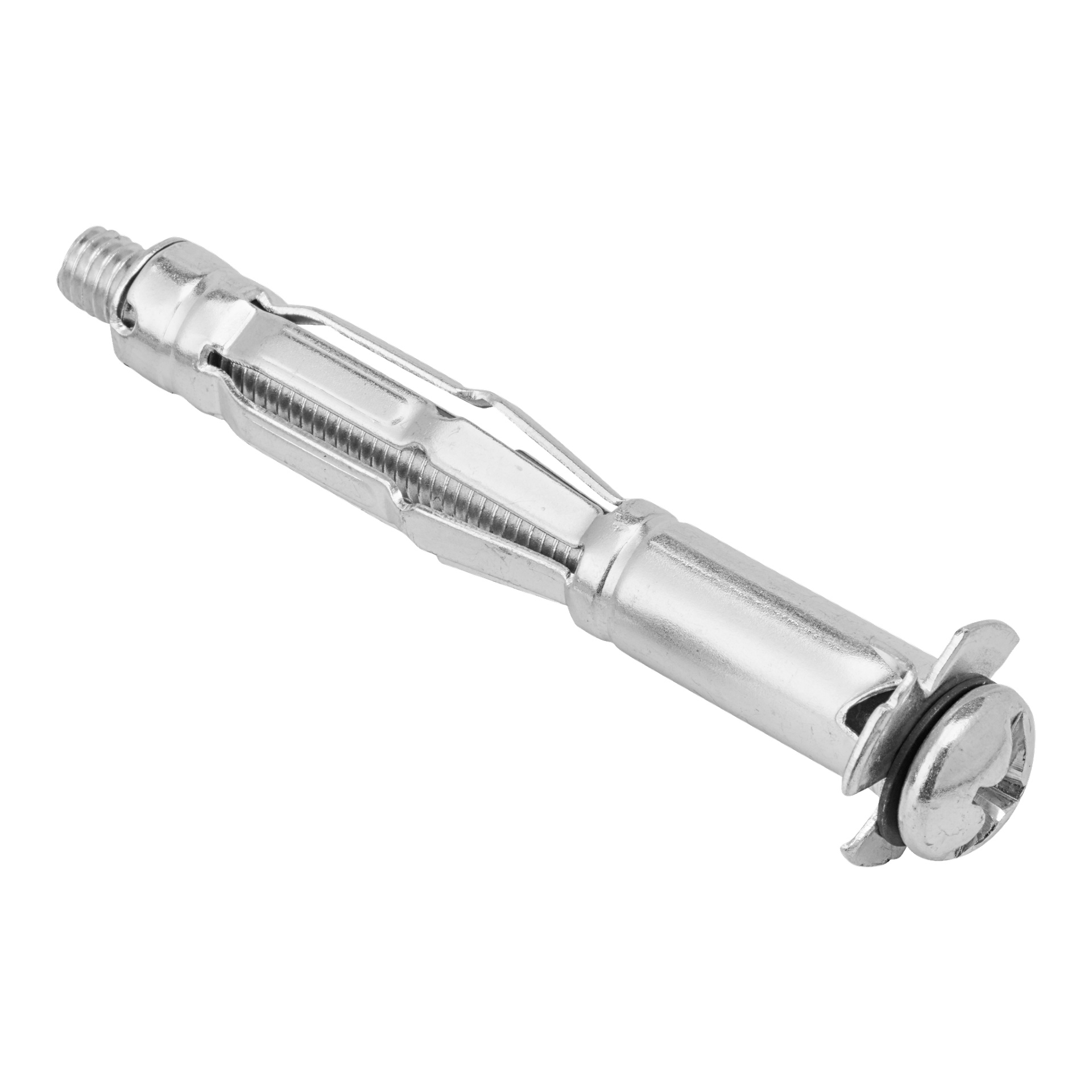 Et detaljert bilde av en Hard Head metallekspanser fra 10-pakken designet for doble gipsplater, egnet for montering av objekter på hule gipsplater. Det sølvfargede ankeret vises tydelig.