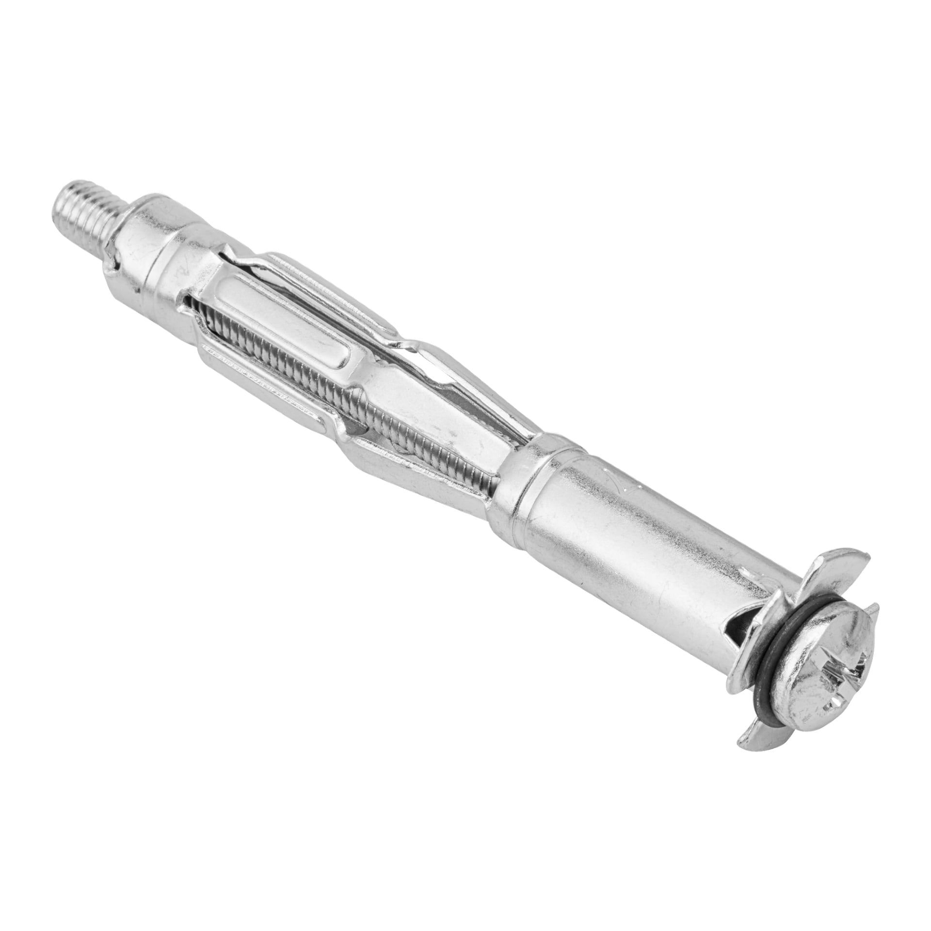 Et detaljert bilde av Hard Head metallekspansjonere designet for bruk med doble gipsplater, vist i et 10-pakningssett. Disse festene har en gjengebolt og sammenleggbare vinger, perfekt for å feste tunge gjenstander sikkert til gipsplater.