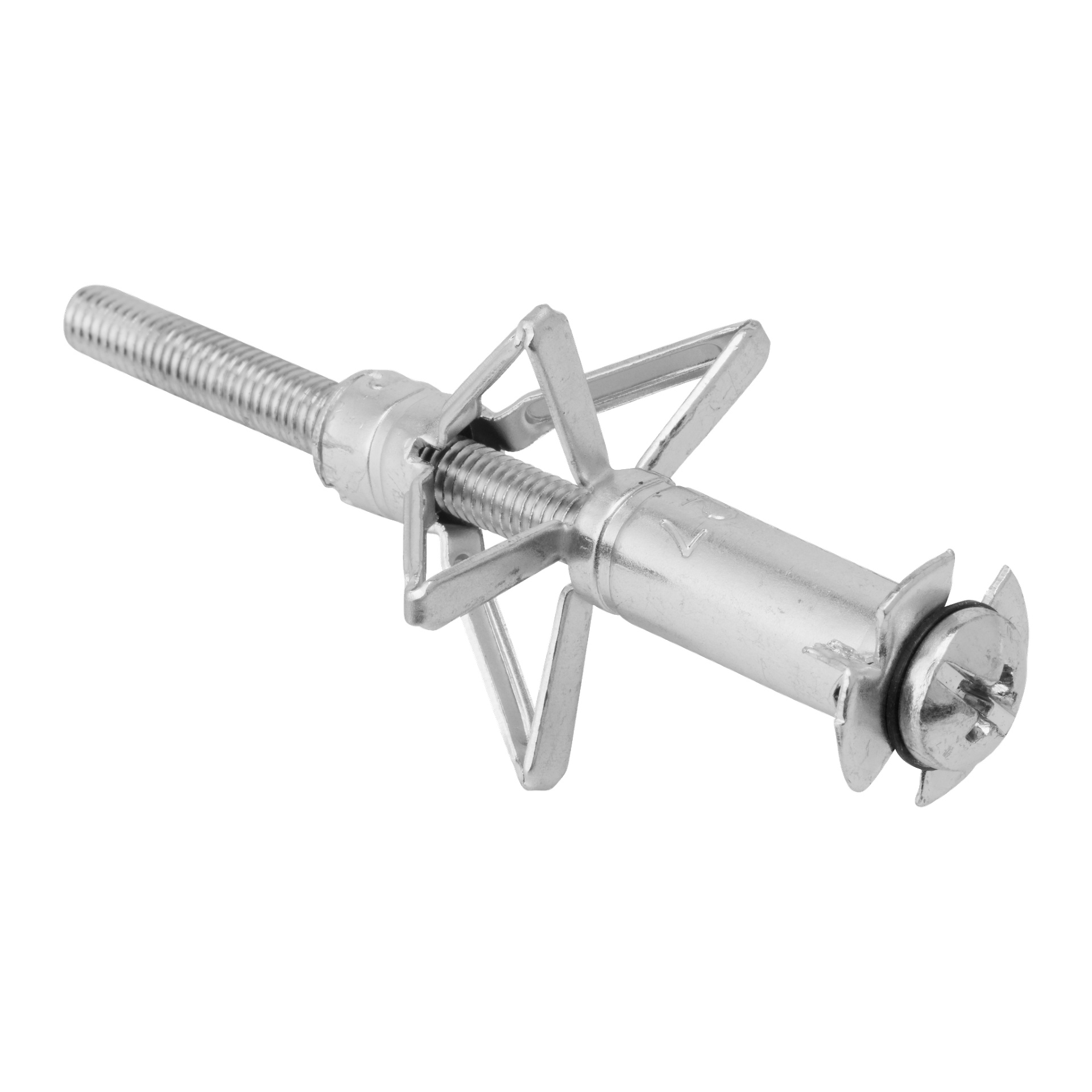 Nærbilde av et 10-paknings sett med Hard Head Metal-ekspanderer for doble gipsplater, som viser deres gjengede bolter og fjærbelastede vinger, ment for å feste gjenstander til hule vegger.