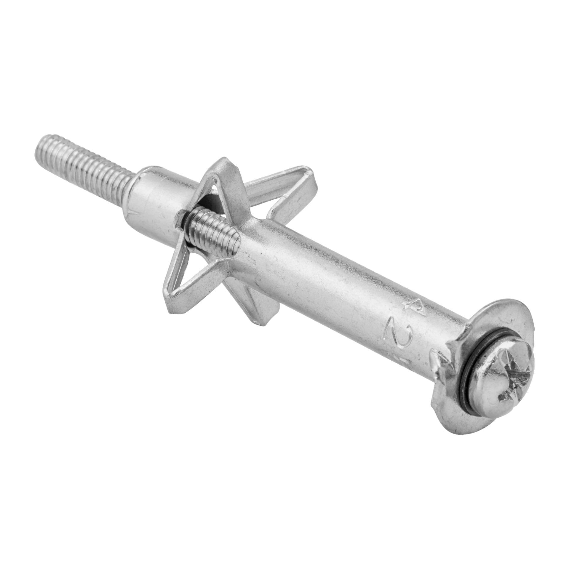 Et detaljert bilde av en Hard Head metallekspanser designet for doble gipsplater, vist sammen med skruen. Utvidelsen har en sylindrisk form med to vinger som utvider seg og en rund skive på den ene siden. Solgt i pakker med 10.
