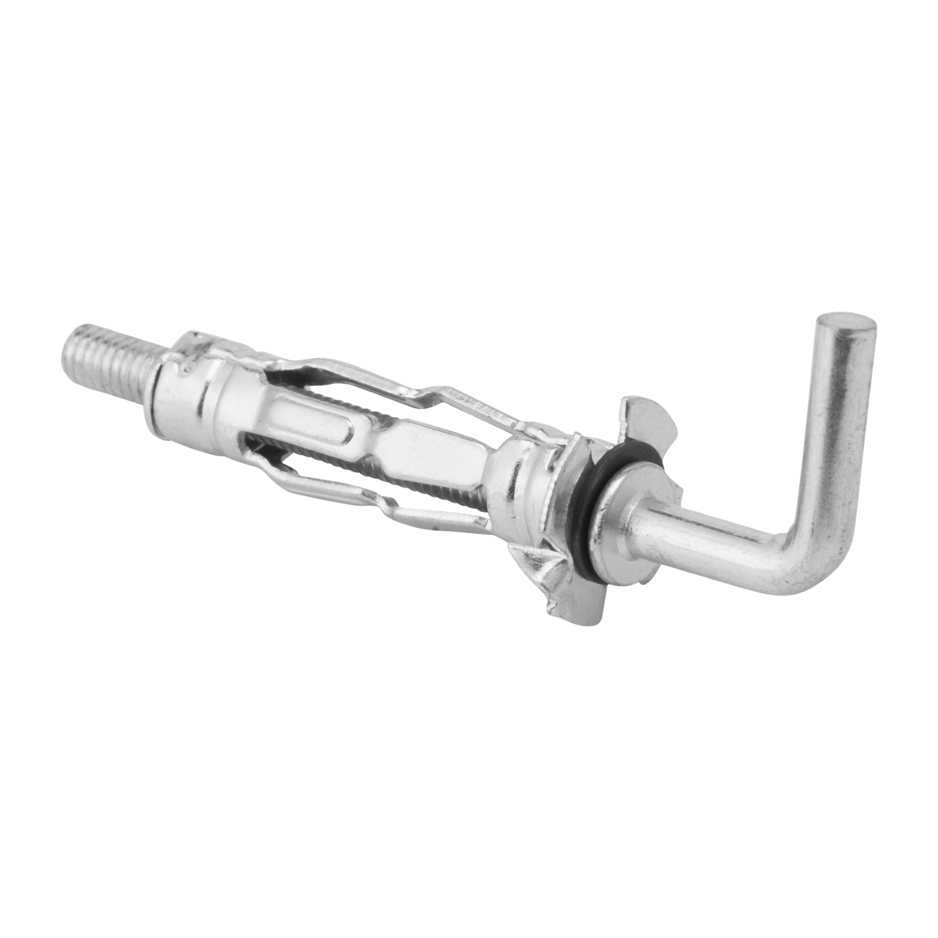 Hard Head Metal-expanders med L-krok 5-pack har metallväggankare utrustade med L-formade krokar och expanderande vingar. Varje del har en bult, bricka och svart gummipackning.