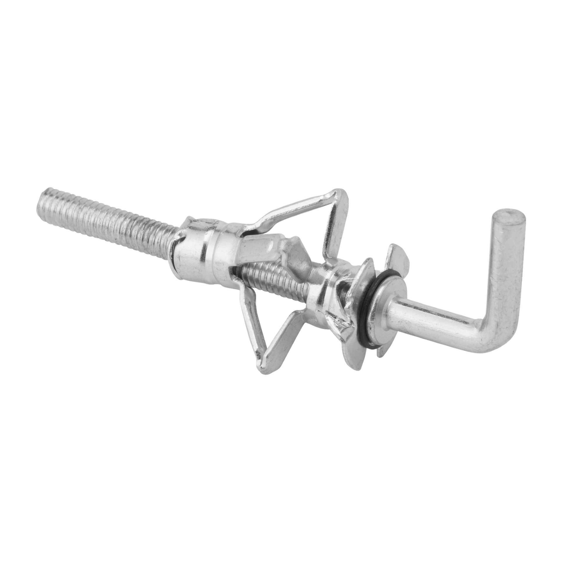 Et detaljert bilde av et 5-paknings Hard Head Metall-ekspansjonssett med L-formede kroker, inkludert skiver og fjærbelastede vinger designet for å feste fester til hule vegger som gipsplater.