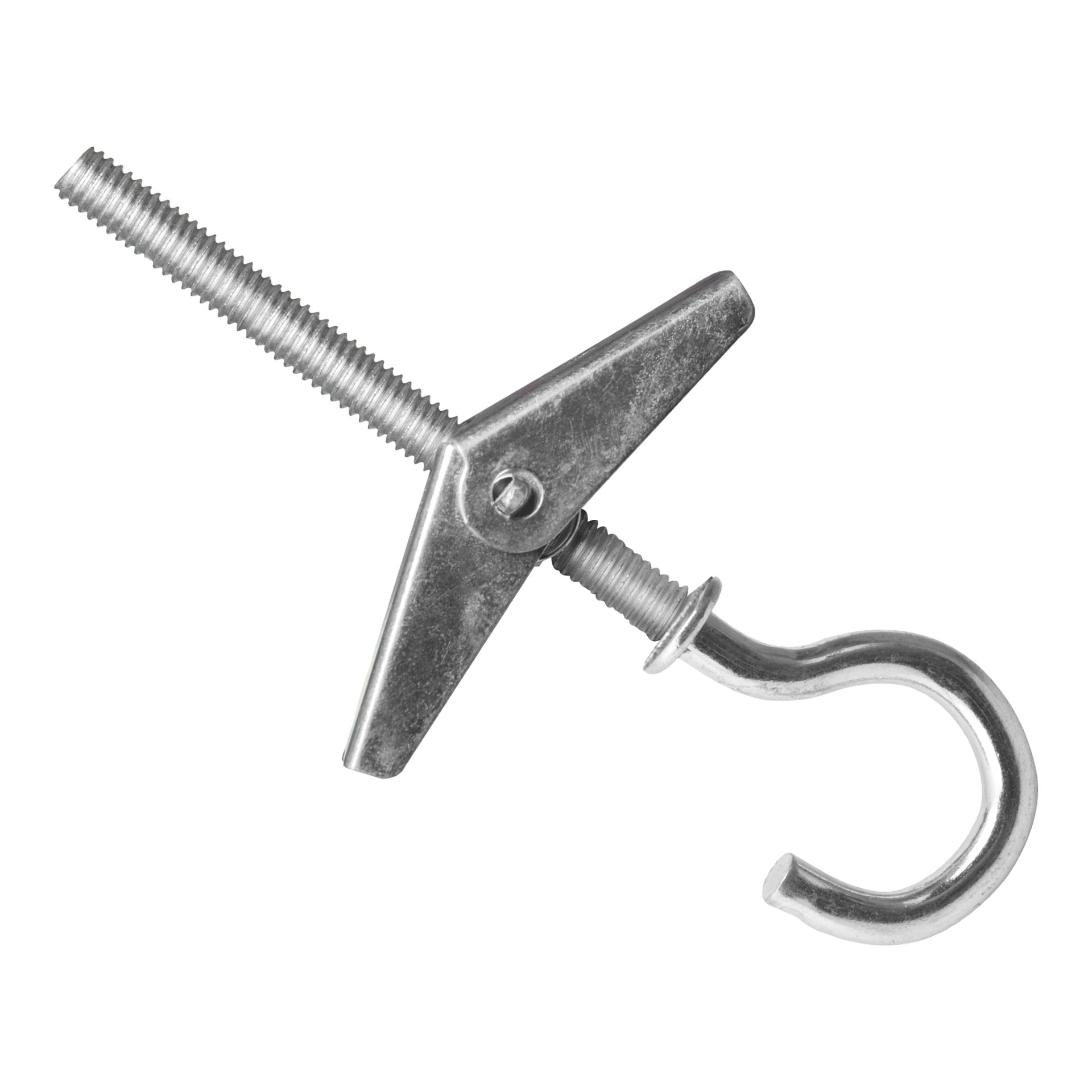 Ett Hard Head Ceiling Anchor 2 Pack visas, inklusive metallskruvar med fjäderbelastade vingar, gängade skruvar och böjda krokar. Vingsektionerna visas delvis öppna med varje krok fastsatt vid spetsen av sin skruv.