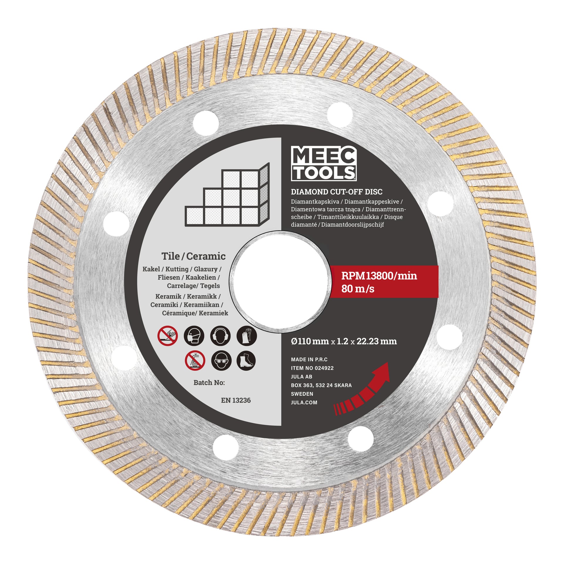 Meec Tools Diamond Cut-off skiva designad för kakelskärare, specificerad med en diameter på 110 mm, en tjocklek på 1,2 mm och en borrning på 22,23 mm. Etiketten visar en maxhastighet på 13 800 varv per minut tillsammans med olika säkerhetsikoner.