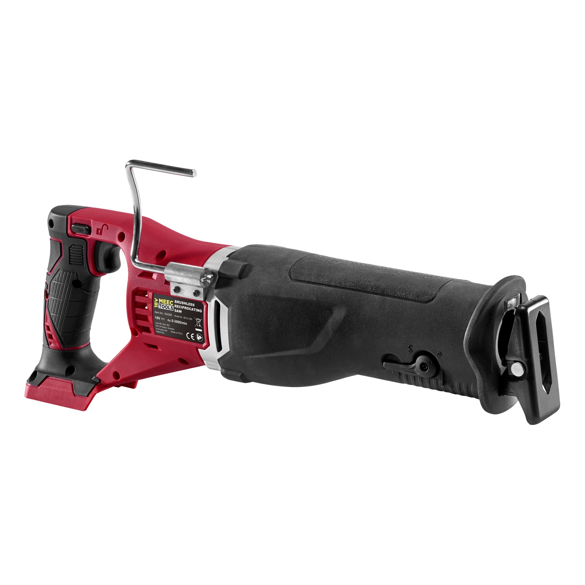 Pokazano czerwono-czarną bezszczotkową piłę tłokową Meec Tools Multiseries RS-18V HOME 500. Narzędzie zawiera teksturowaną rękojeść chwytu, spust oraz metalową zaciskę do ostrza z dźwignią regulacyjną. Ostrze nie jest przymocowane.