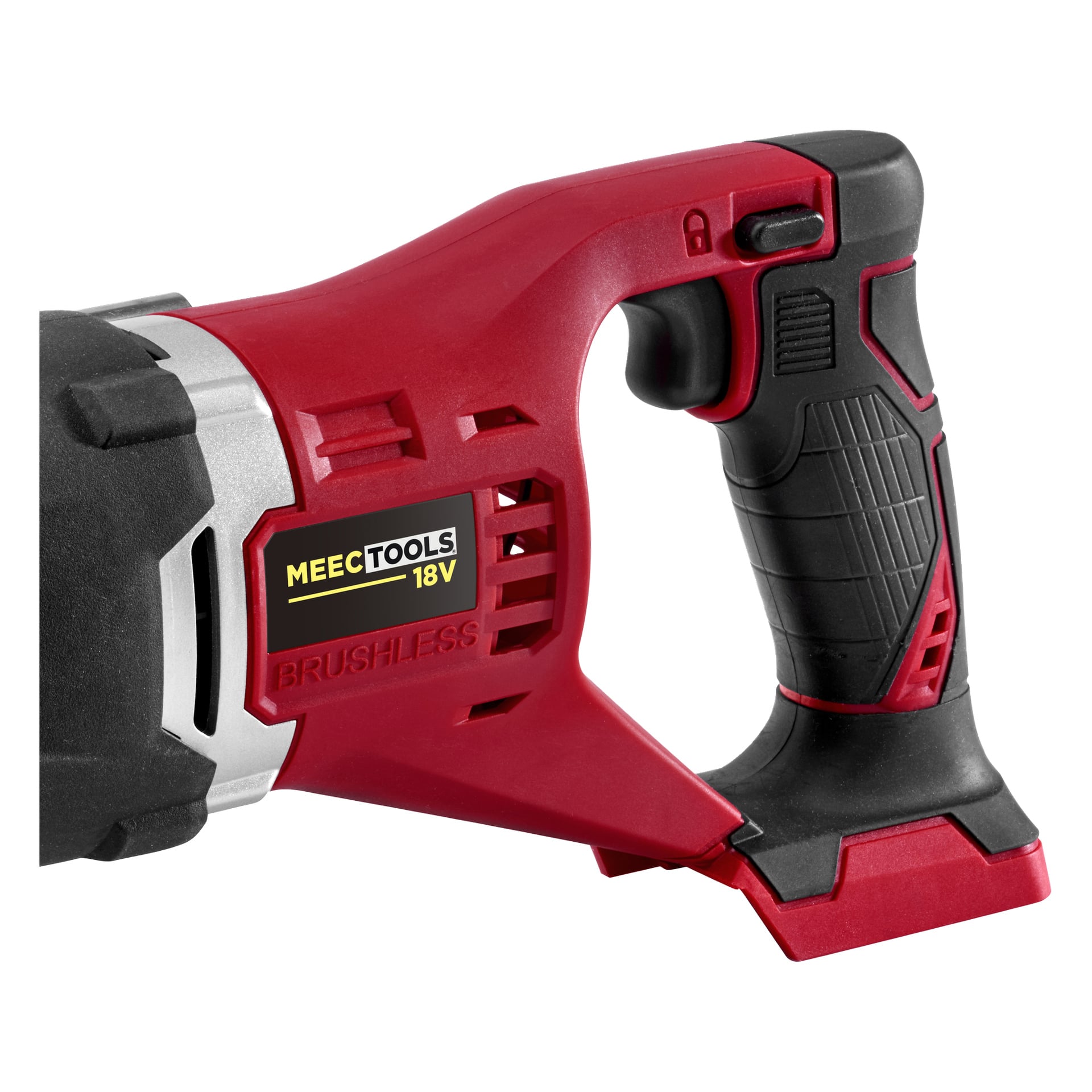 Zbliżenie czerwono-czarnego uchwytu na bezszczotkowej piłe tłokowej Meec Tools Multiseries z bateriami RS-18V HOME 500. Chwyt ma teksturowane gumowe akcenty i zatrzaski, a część korpusu narzędzia widoczna jest po lewej stronie.