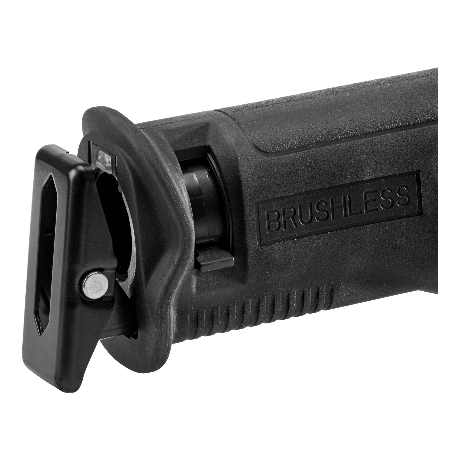Szczegółowy widok czarnej rękojeści i zacisku ostrza na bezprzewodowej piłe tłokowej Meec Tools Multiseries RS-18V HOME 500, z napisem BRUSHLESS wytłoczonym na boku obudowy.