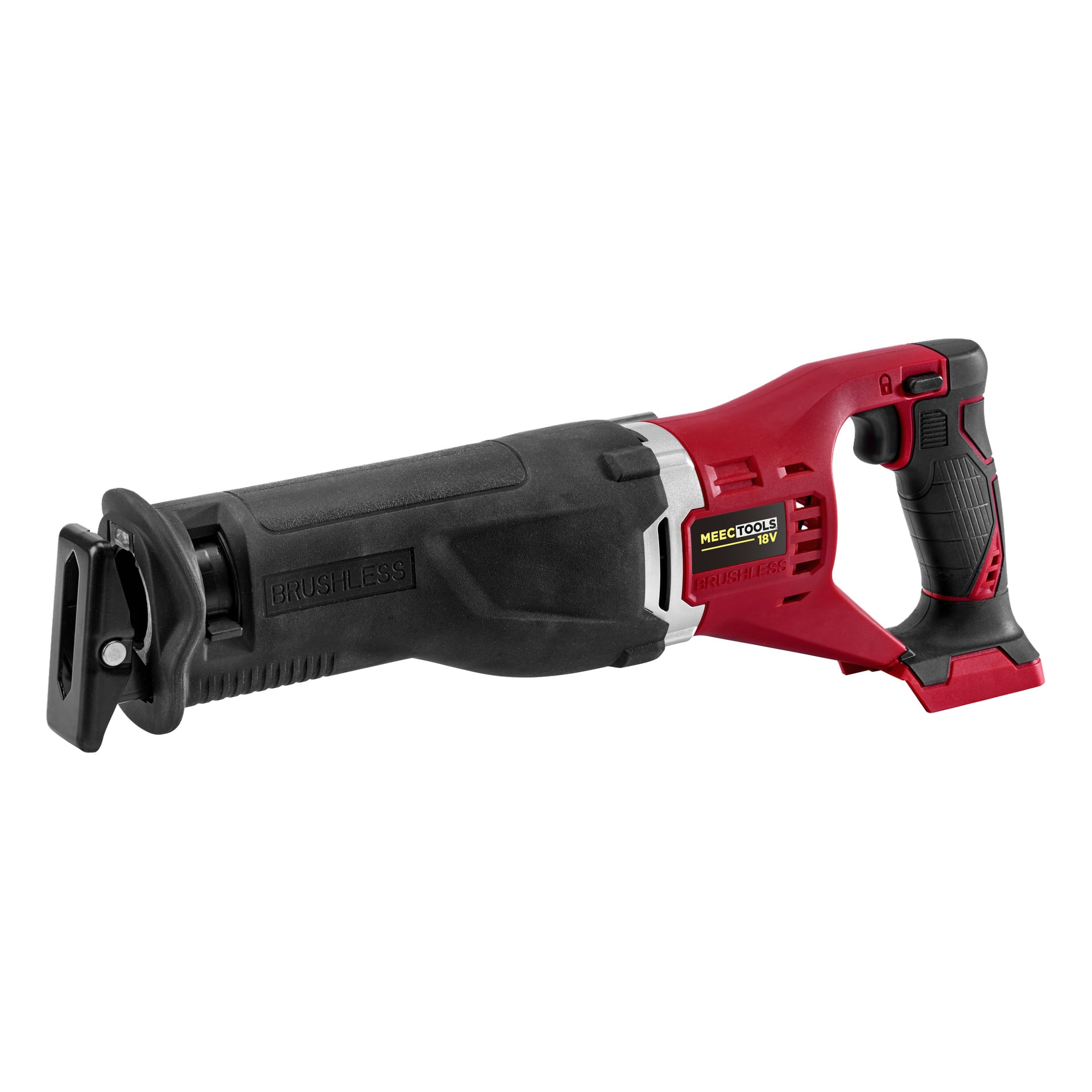 Czerwono-bezszczotkowa bezszczotkowa piła tłokowa Meec Tools Multiseries z silnikiem RS-18V HOME 500, z napisem "Brushless" na silniku i charakterystycznymi oznaczeniami marki po bokach.