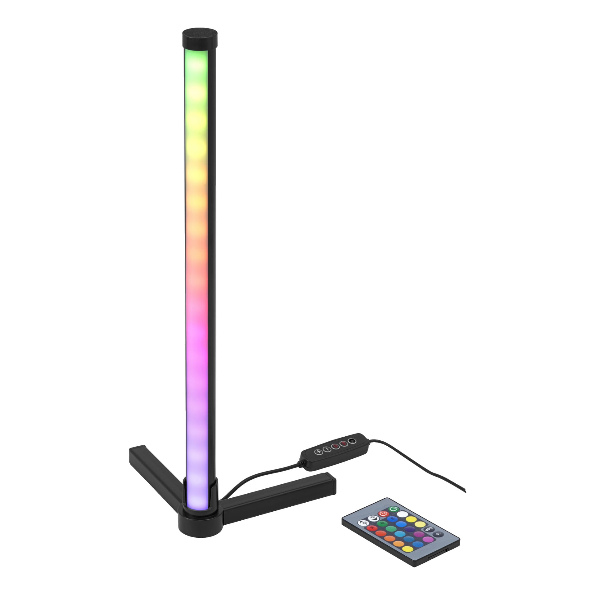 EKVIP:s hörnlampa RGB inkluderar en vertikal LED-ljusstav som lyser i en regnbågsgradient, placerad på en svart L-formad bas. Bredvid lampan finns en monterad kontrollpanel och en separat fjärrkontroll med knappar i olika färger.