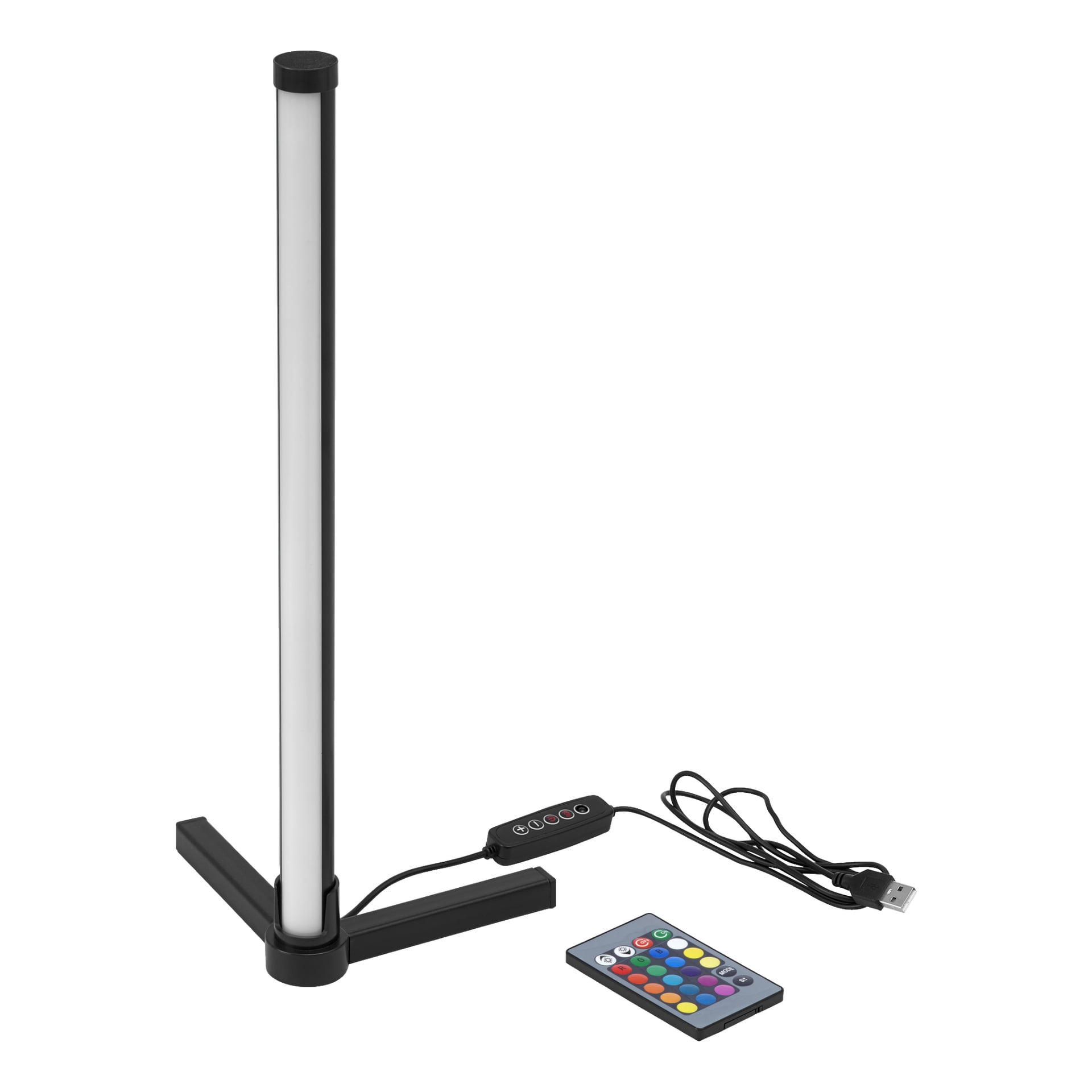 EKVIP Corner-lampans RGB står vertikalt med en svart sockel och har kontrollknappar kopplade till sin kabel. En flerfärgad fjärrkontroll ingår också.