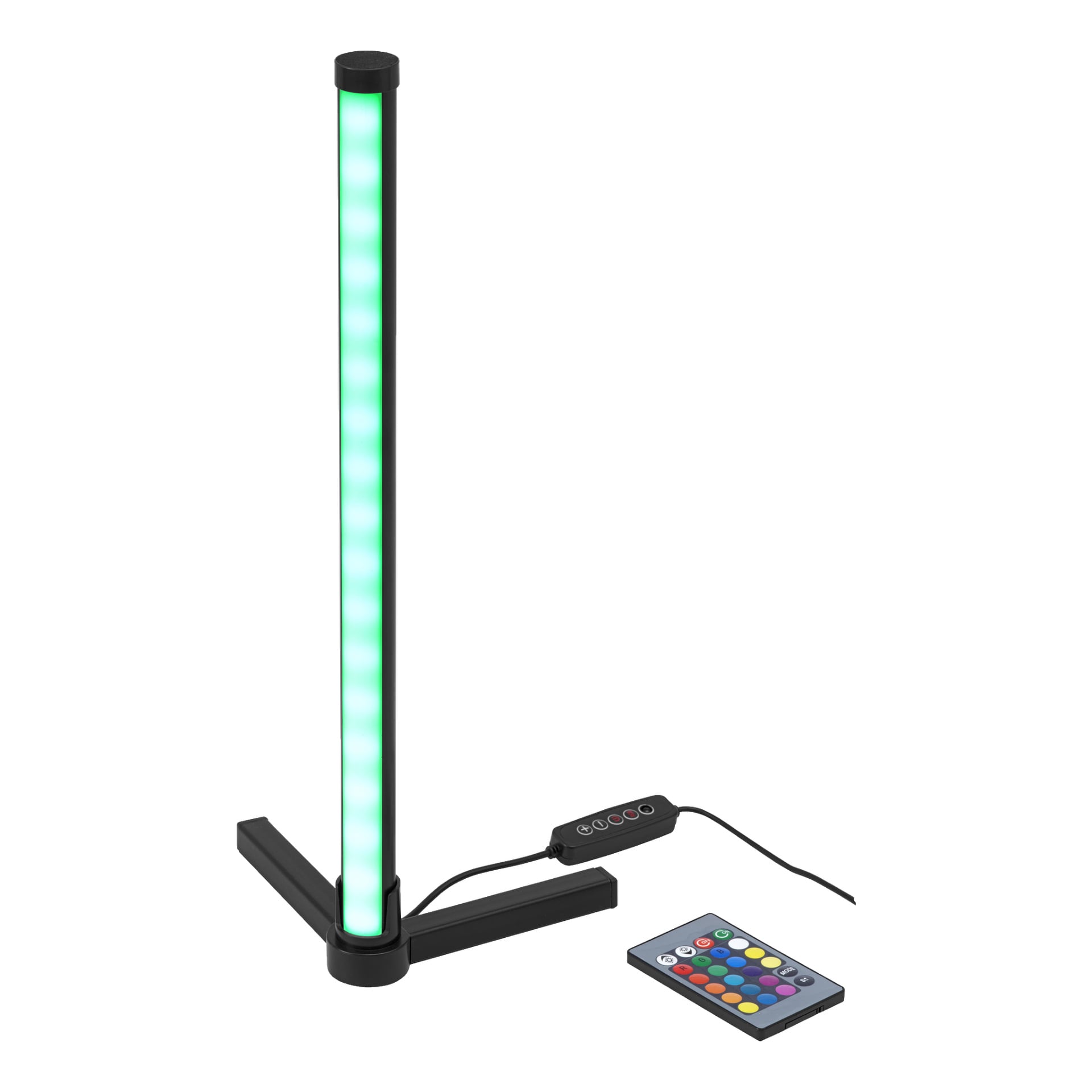 EKVIP Corner Lamp RGB är en vertikal LED-ljusremsa med ett svart stativ, utrustad med en kopplad trådbunden kontroller och åtföljd av en separat flerfärgad fjärrkontroll.