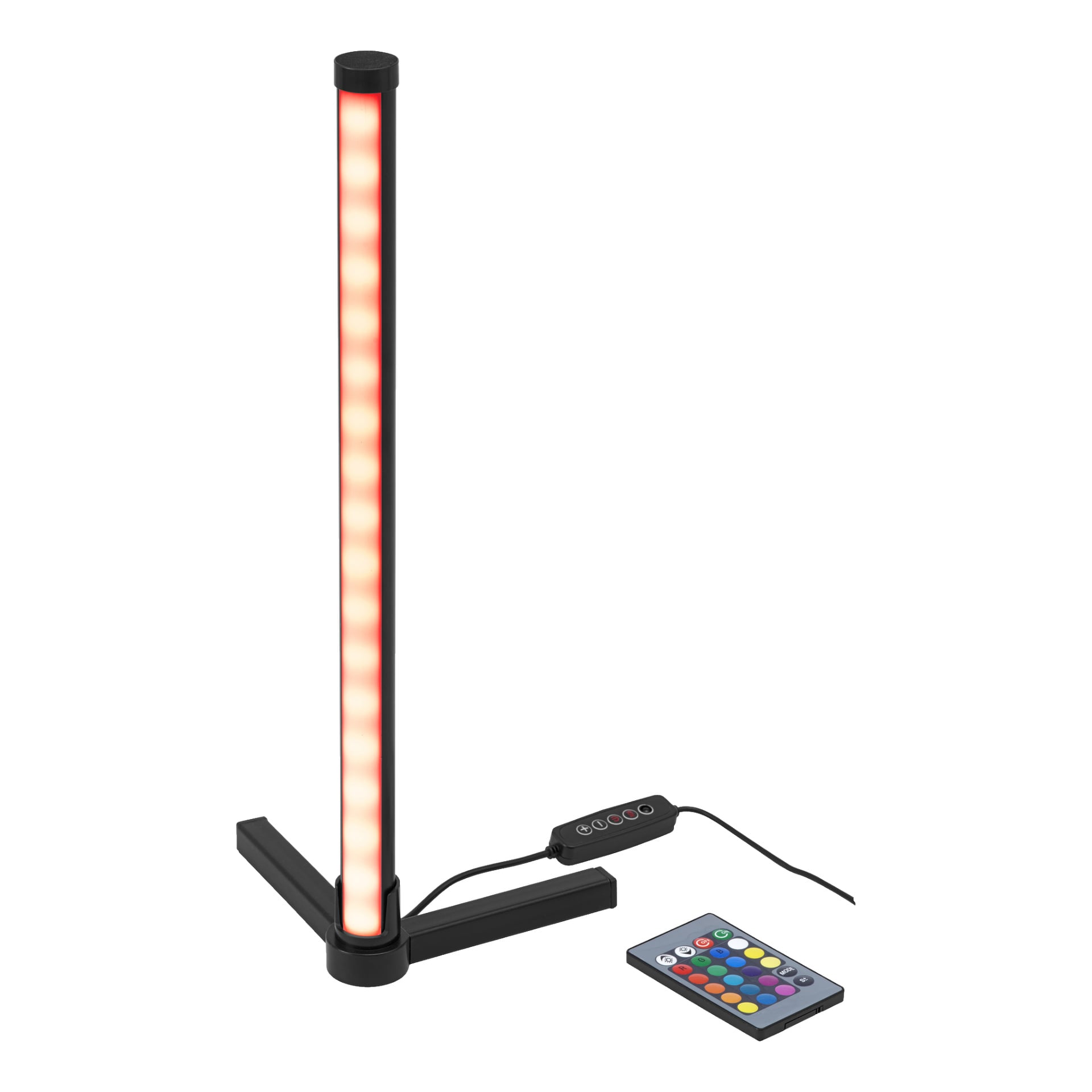 En vertikal EKVIP Corner RGB-lampa avger ett starkt rött sken och står på en svart L-formad bas, med en integrerad kontrollpanel och en färgglad fjärrkontroll placerad bredvid.