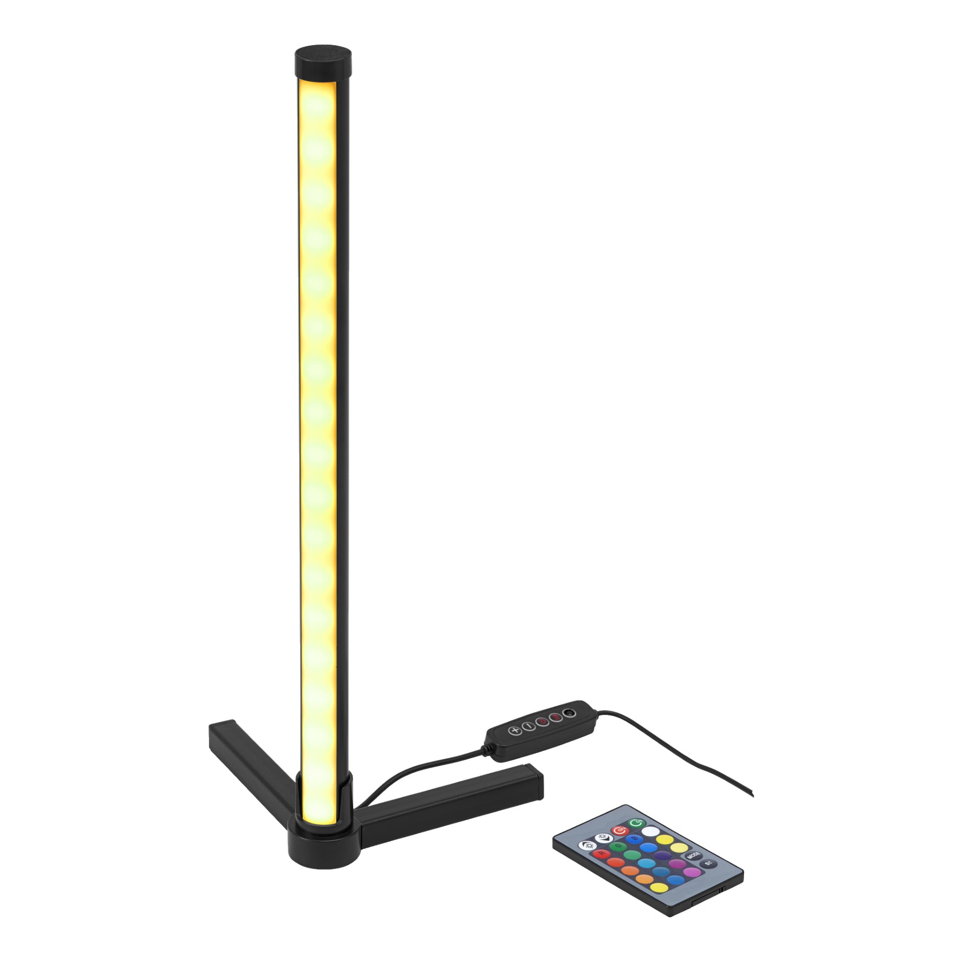 EKVIP Corner-lampans RGB har en vertikal LED-ljusramp med en svart bas som avger ett gult sken. Bredvid den finns fjärrkontrollen och en monterad in-line kontrollpanel med knappar.