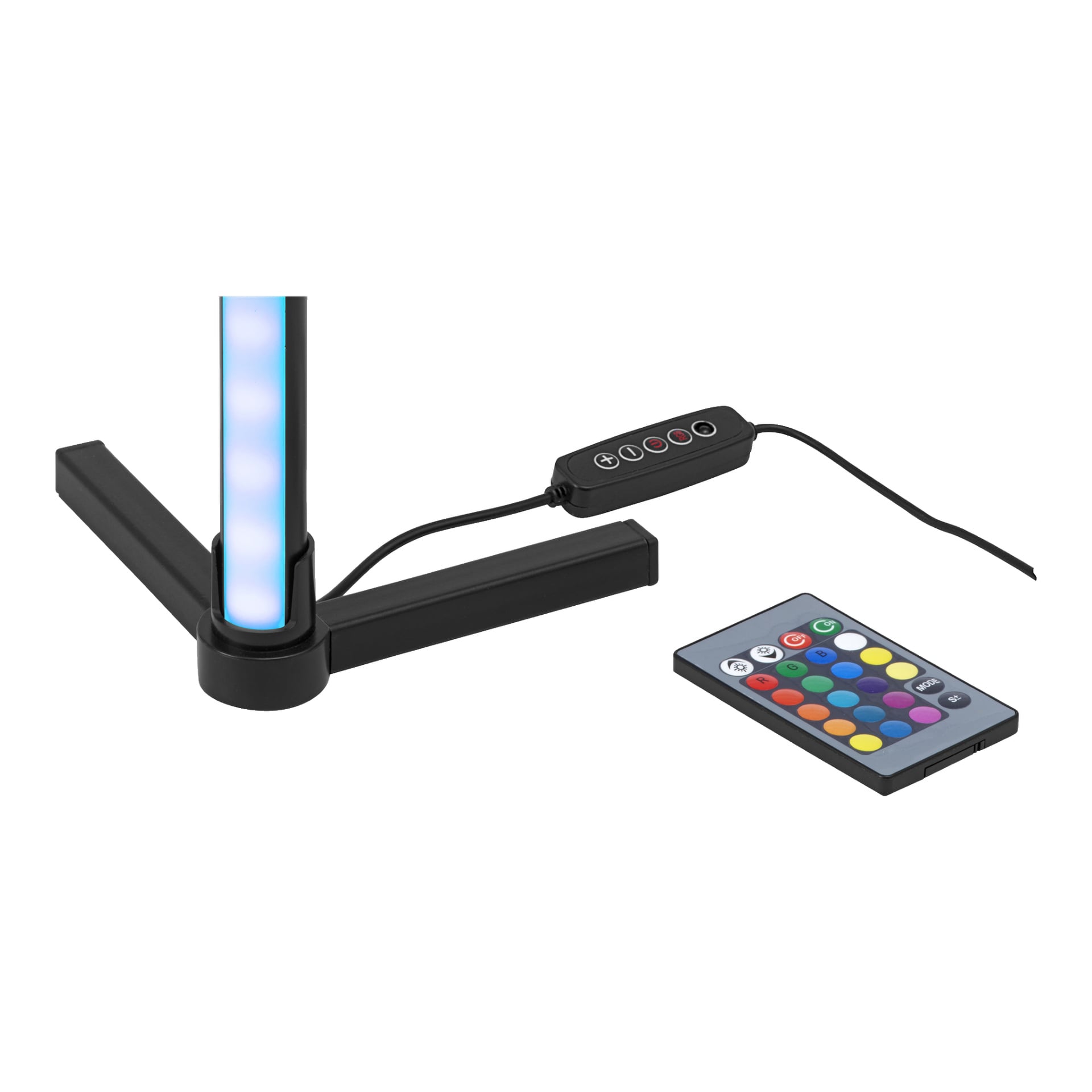 En detaljerad vy av EKVIP-hörnlampans RGB-bas upplyst av en livfull blå LED-remsa, som visar en trådbunden kontrollpanel och en flerfärgad fjärrkontroll placerad bredvid.