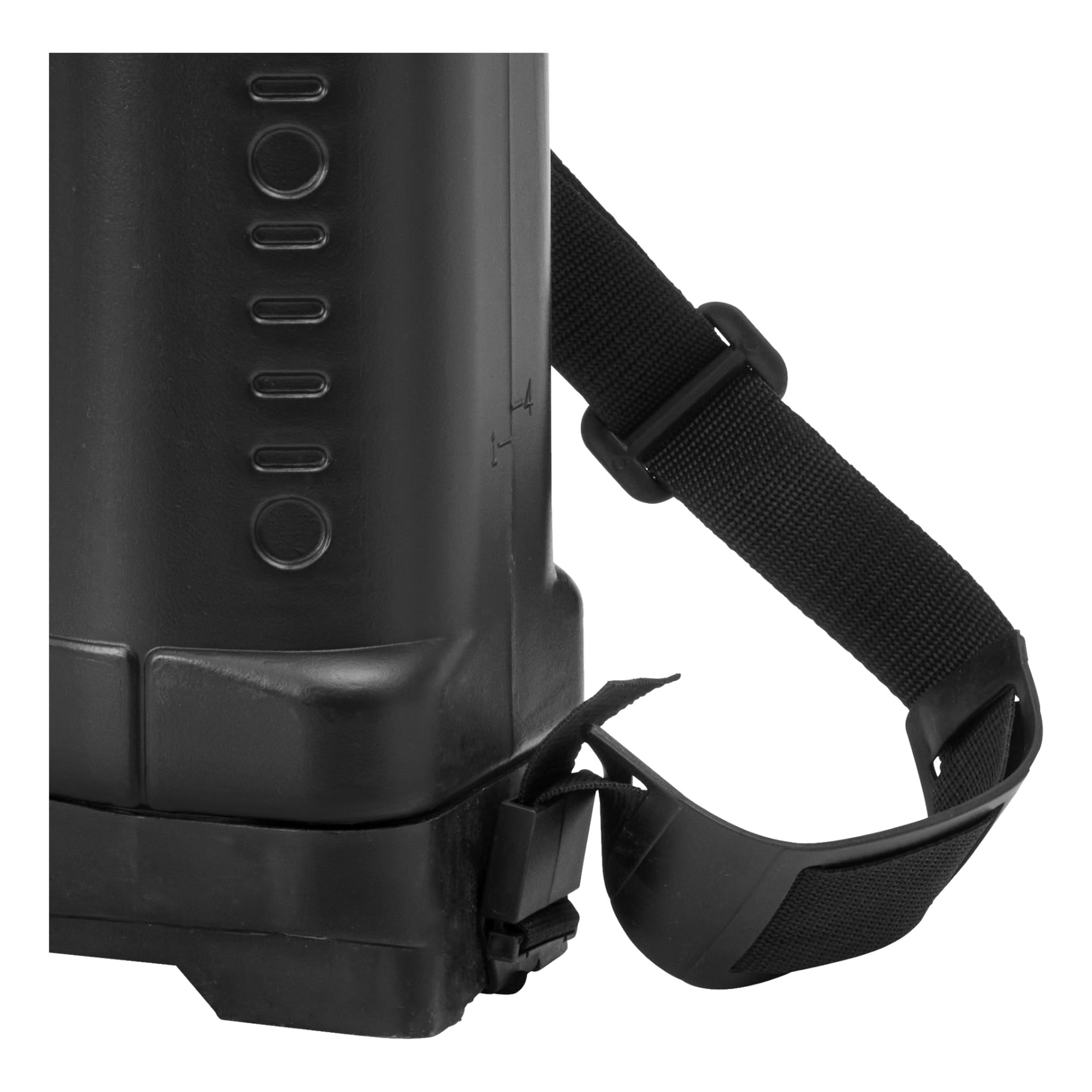 Detaljerad vy av Meec Tools spraypistol med axelremmar, som visar ett svart slitstarkt plastfodral med förstärkta hörn, texturerade ovala och cirkulära mönster samt en justerbar nylonrem säkrad med ett plastspänne.