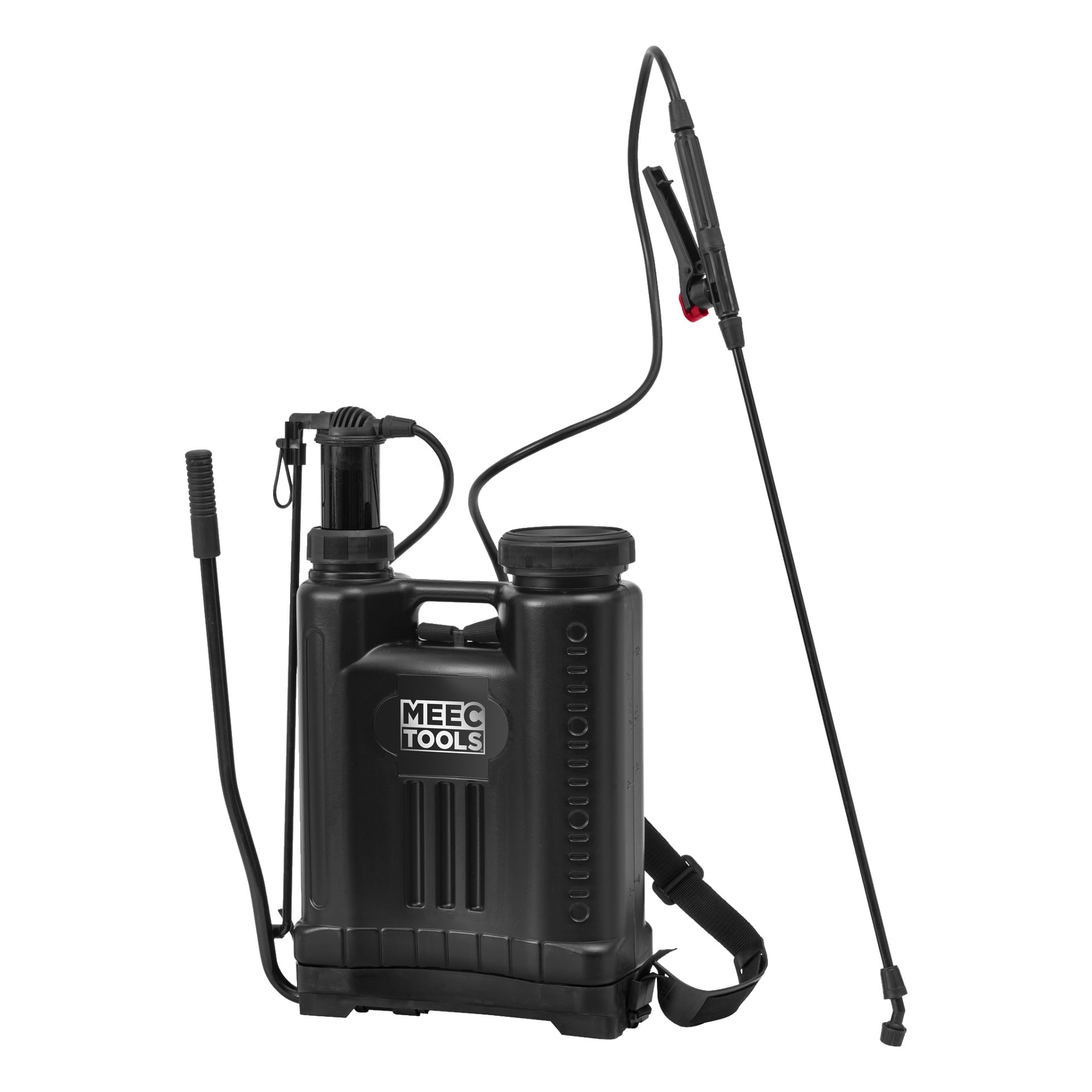 En svart Meec Tools spraypistol utrustad med axelremmar, en manuell handpump och en förlängd spraystav fäst med en flexibel slang.