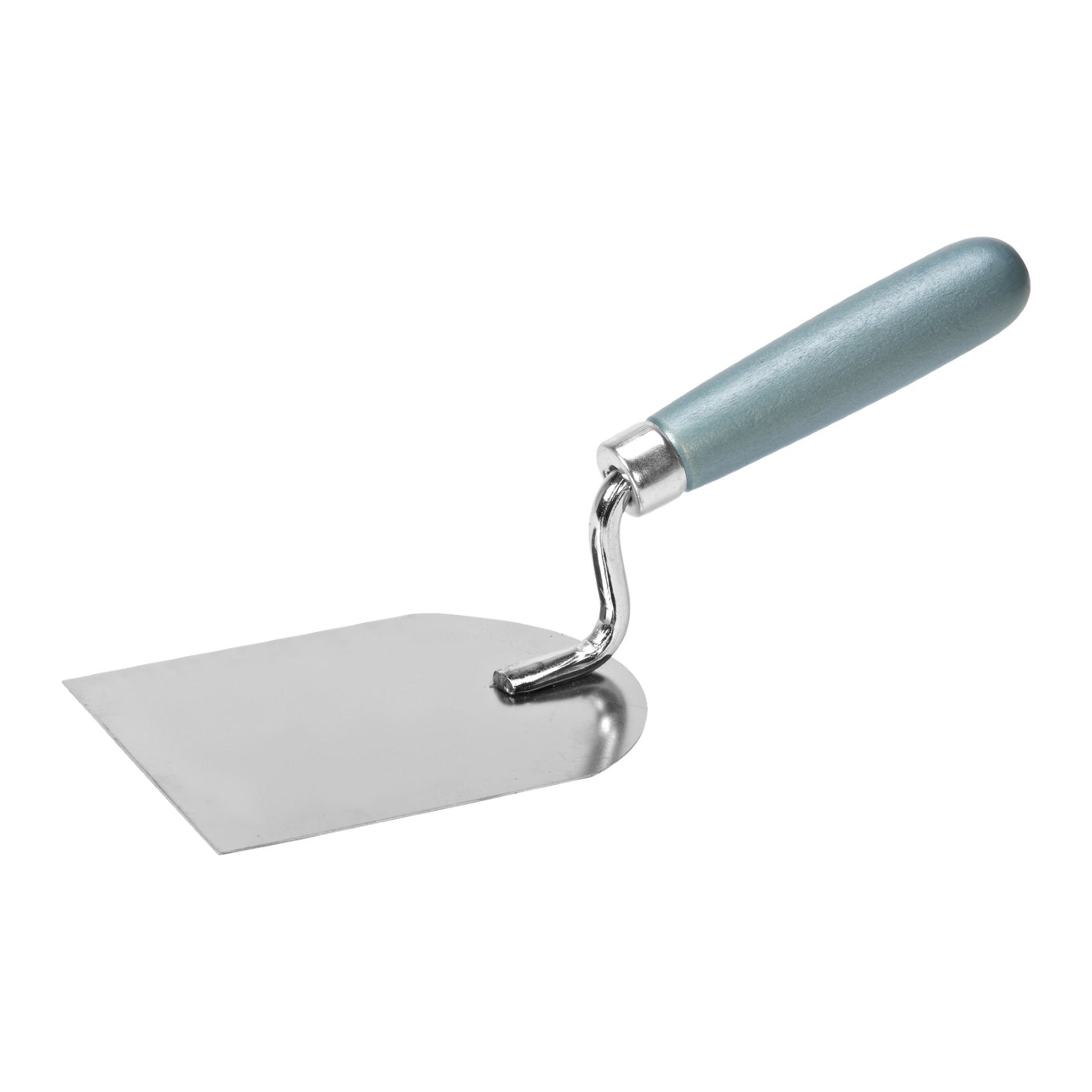 Comensal Bucket-spaden har ett platt, rektangulärt blad och ett böjt teal-handtag.
