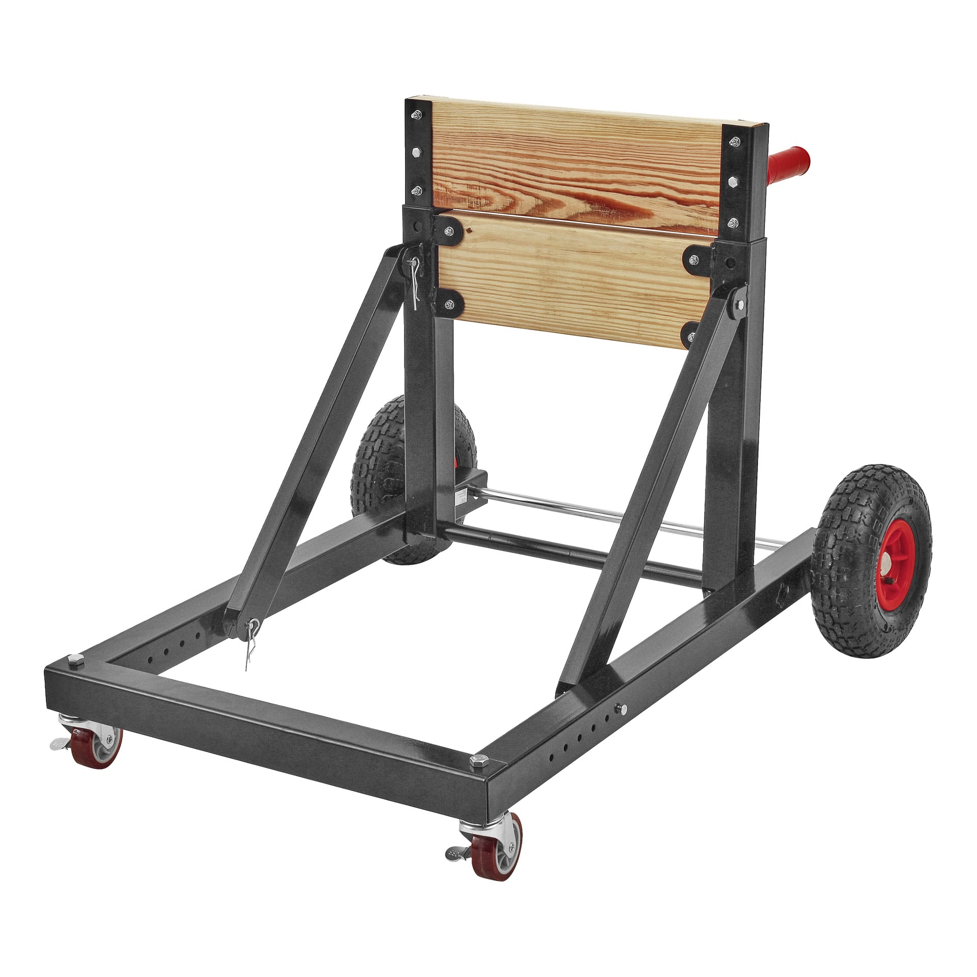 Kayoba Marine Outboard Motor Trolley har en robust metallram, två stora gummihjul för enkel rörelse, två mindre svängbara hjul för manövrerbarhet, ett trästöd och ett rött handtag. Byggd för att bära och flytta tunga utombordsmotorer.