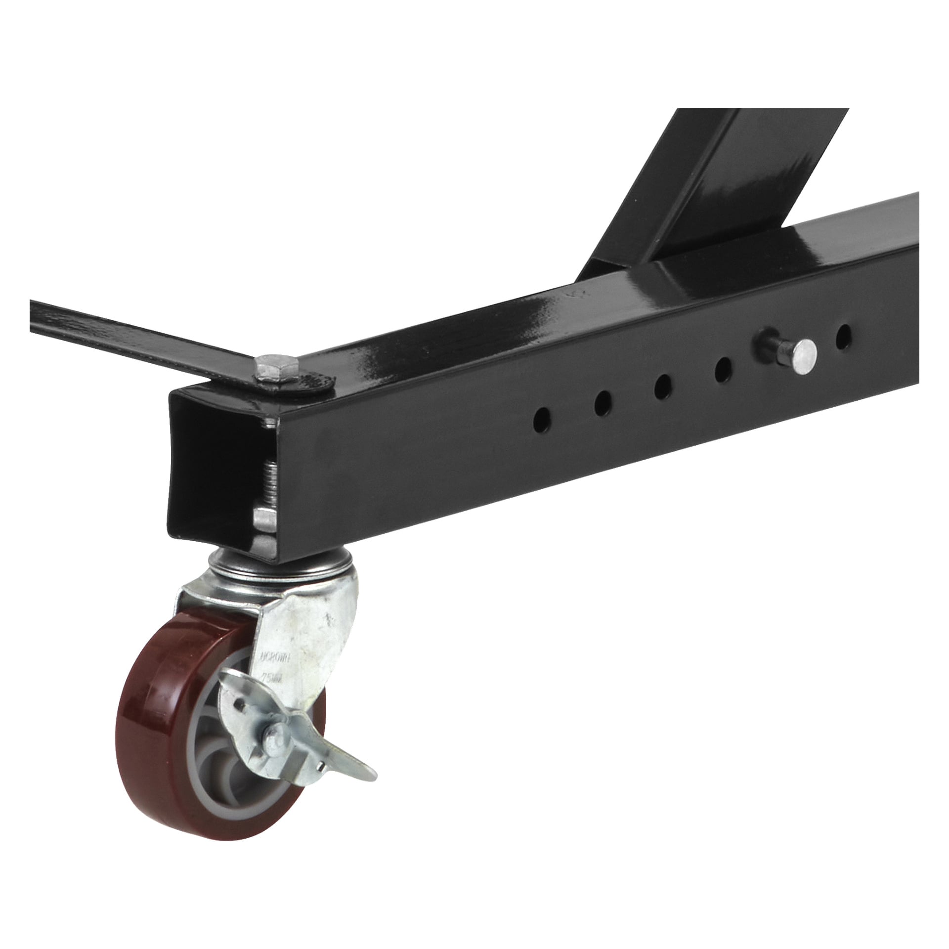Detaljerad vy av en svart metallram med flera justeringshål och en säker låsstift, tillsammans med ett hjul med ett rött gummidäck och en fäst metallbromsspak – med delar från Kayoba Marine Outboard Motor Trolley.
