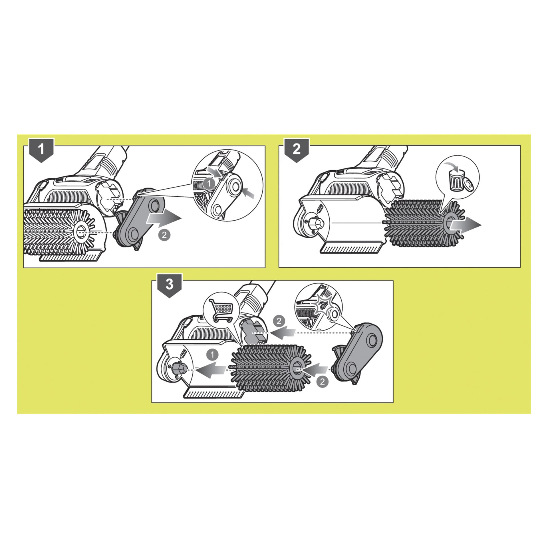 Steg-för-steg-illustrerad guide för att ta bort Ryobi One+ Wood rengöringsborsten från multiborstens RAC820: börja med att skruva loss och ta bort ändlocket, dra ut borsten, ta bort allt skräp och montera sedan ihop igen genom att gå tillbaka på dessa steg.