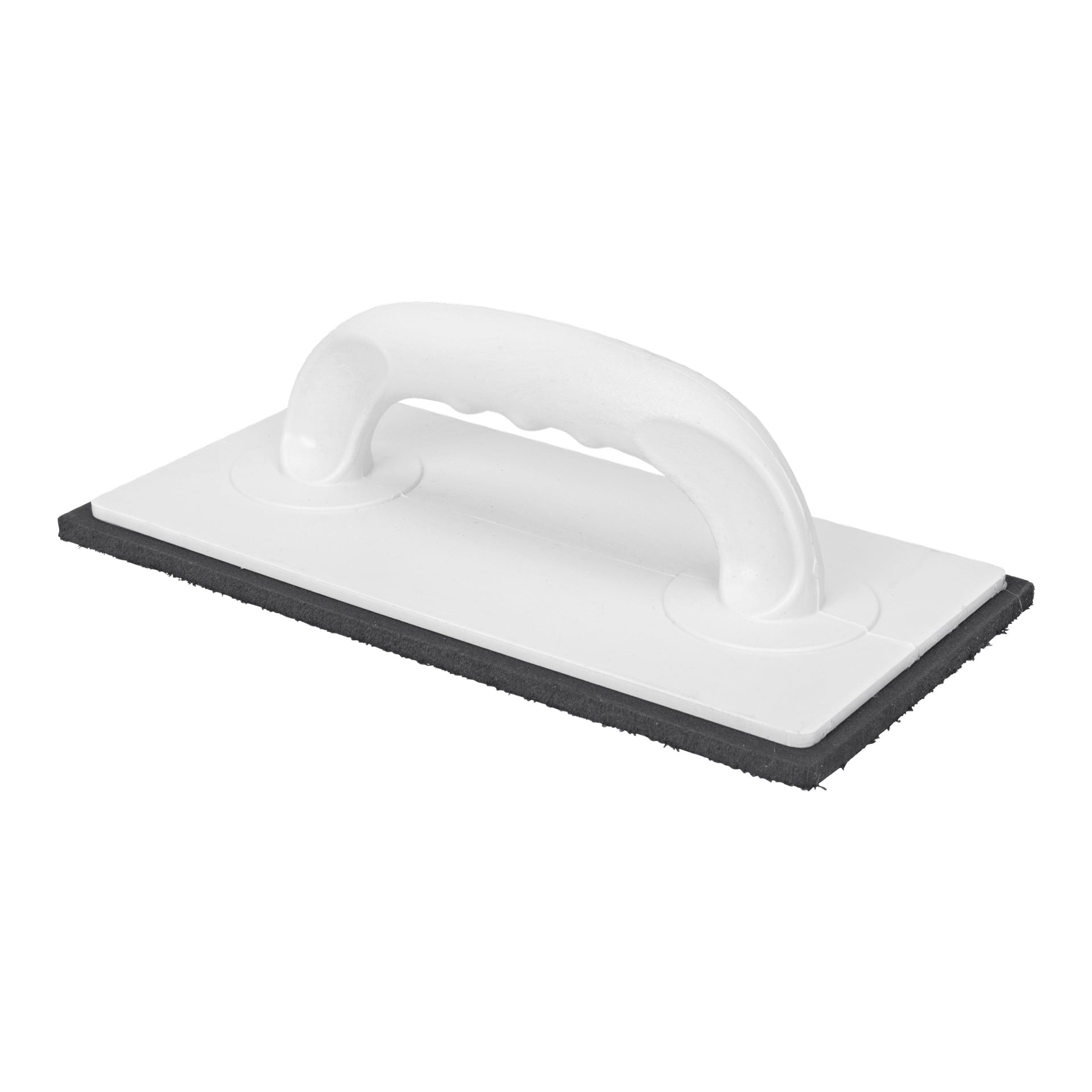 Comensal Trowel to prostokątna platforma do fugi z zakrzywioną, ergonomiczną białą plastikową rączką i czarną gumową podkładką na dnie, używana do nakładania fugi podczas montażu płytek.