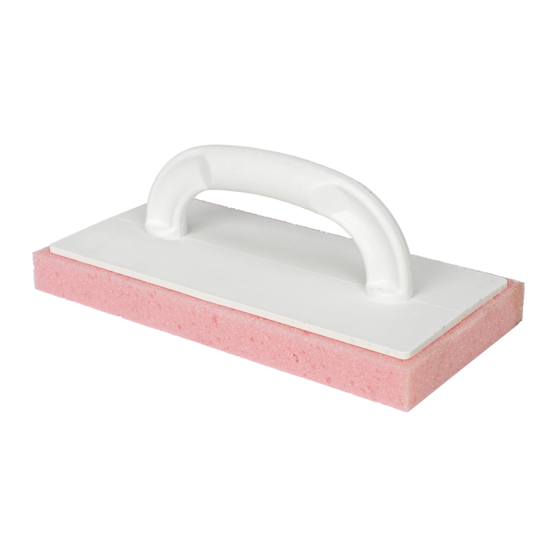 En Comensal Cleaning Plate med en rektangulär rosa svampbas och ett vitt plasthandtag.