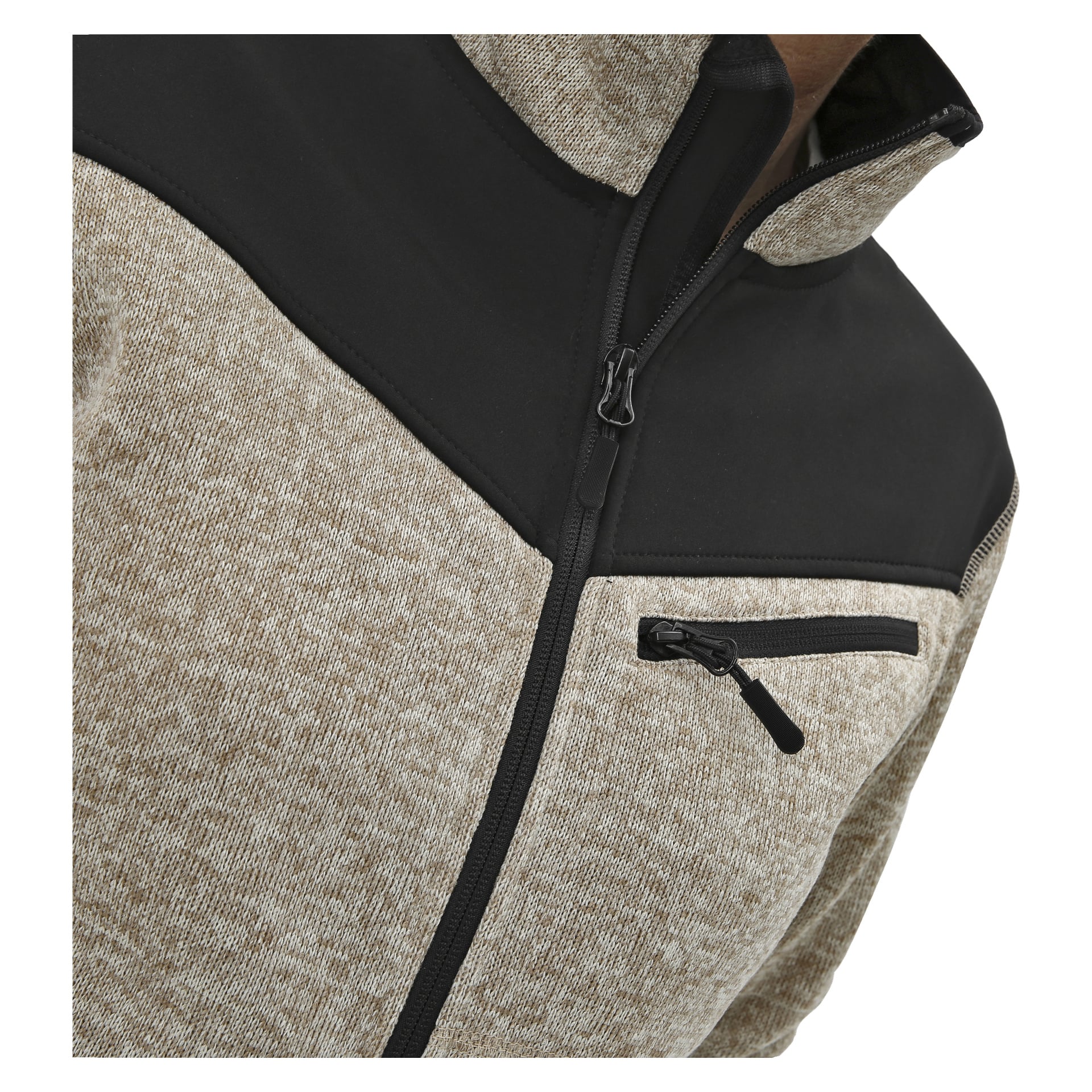 Damen-Fleecejacke von Bluewear in Beige und Schwarz mit hohem Kragen, strukturiertem Stoff und Reißverschluss-Brusttasche, modelliert ohne sichtbares Gesicht.