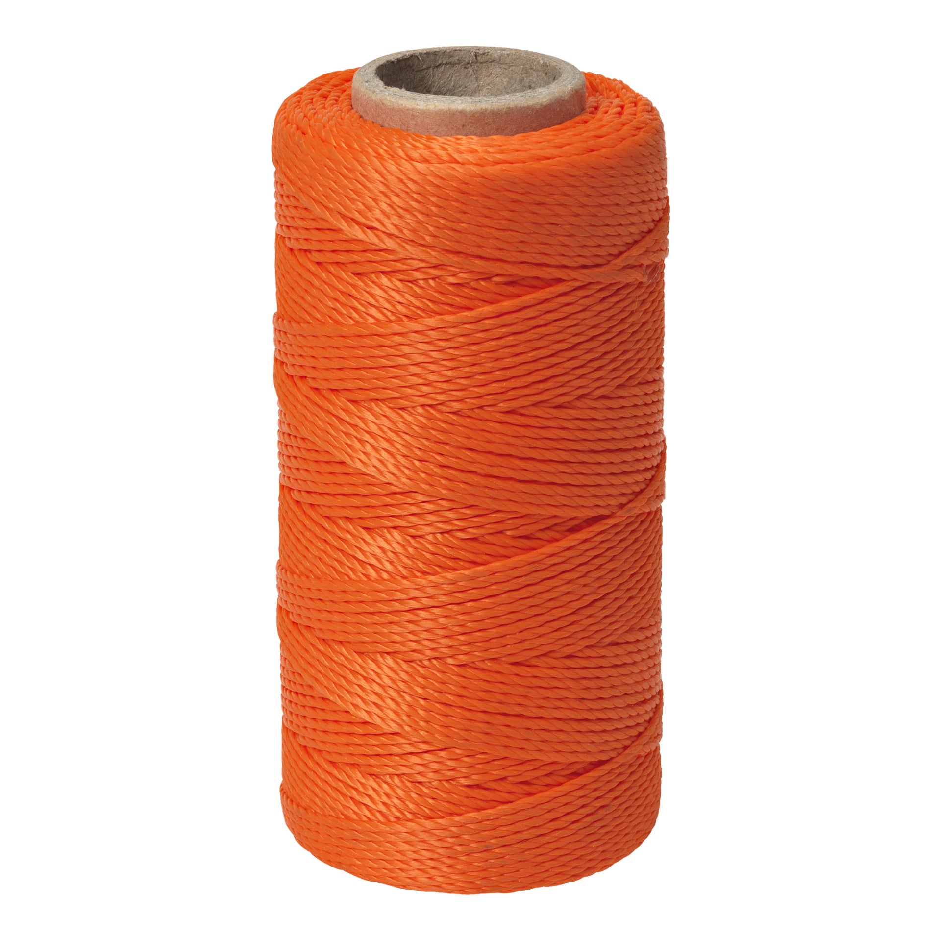 En spole med Hard Head Bricklayers-serie gjord av livfullt orange syntetiskt snöre är tätt lindad runt en cylindrisk kartongkärna.