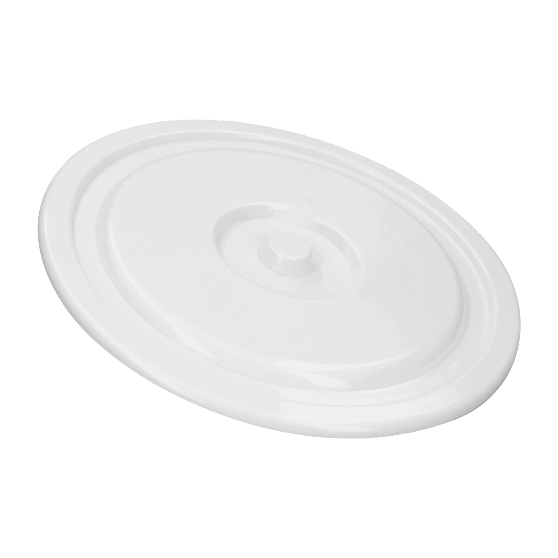 Ett runt, vitt plastlock designat för en 10-liters Menuett-hink visas i en vinkel, med ett litet handtag i mitten.