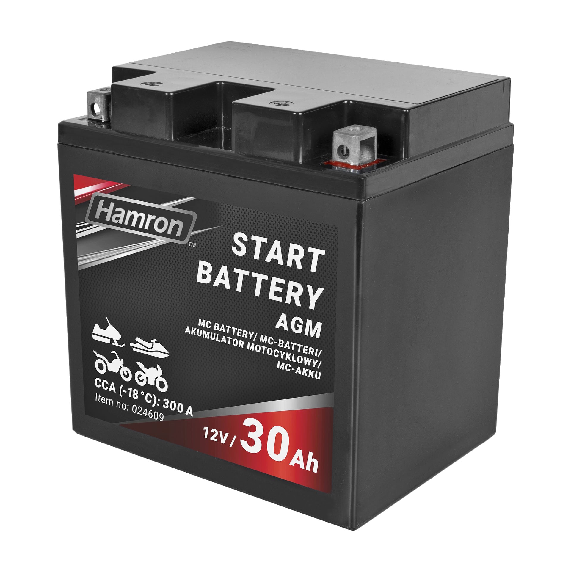 Ett svart Hamron MC-motorcykelbatteri med specifikationer: 12V, 30Ah och CCA 300A. Ikoner på batteriet visar att det är designat för användning med motorcyklar och scootrar.