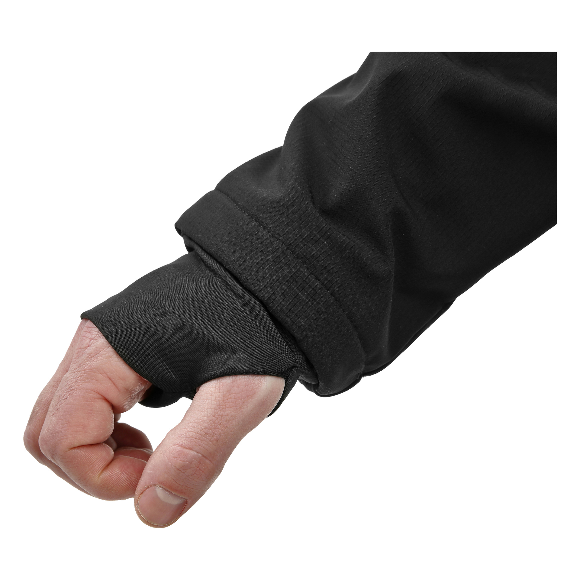En närbild visar en persons vänstra hand och underarm i en herr vindtät fleecejacka från Bluewear Pro Workwear. Ärmen har ett tumhål i manschetten, med personens tumme inskjuten genom den, och ärmen hänger delvis över handen.