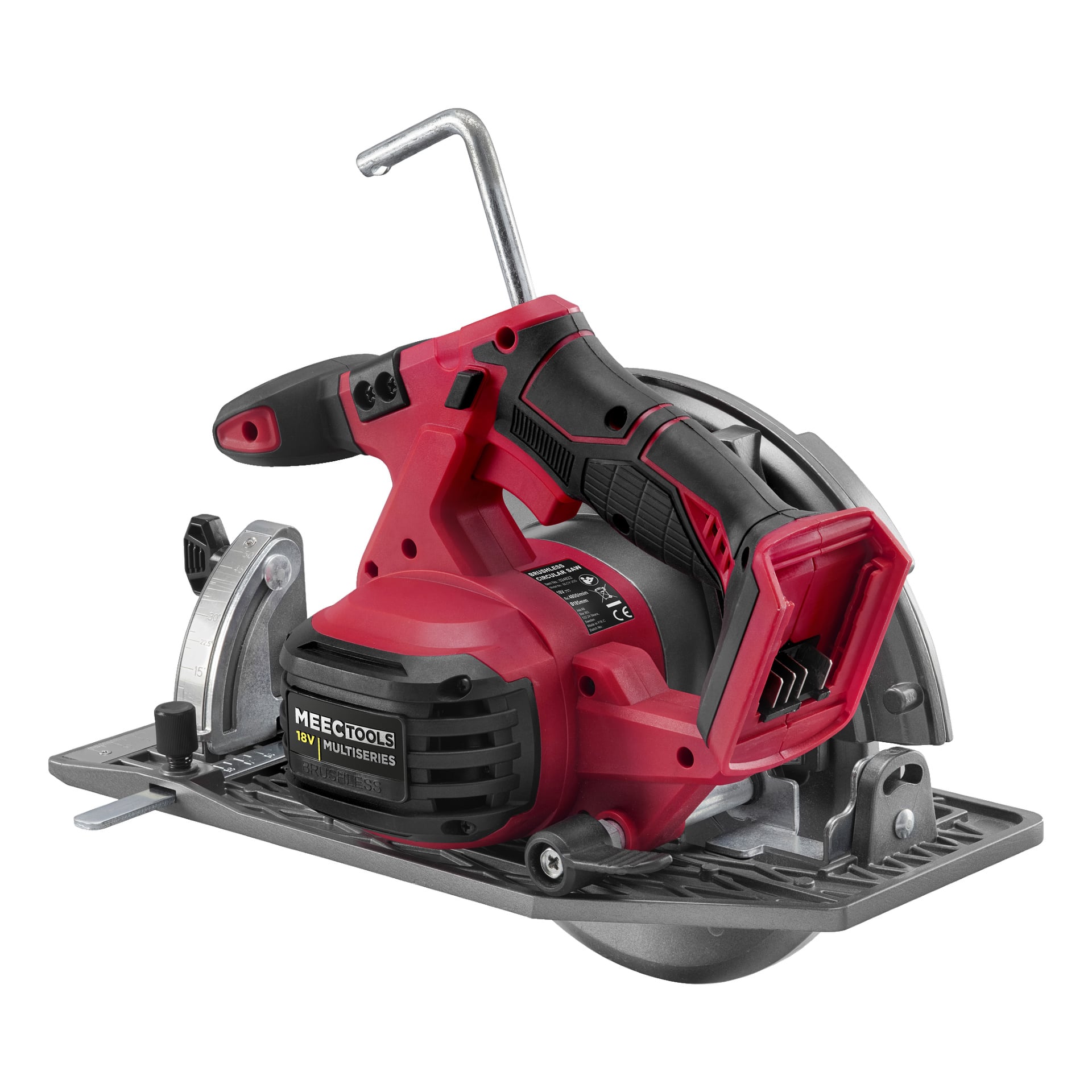 Czerwono-piła tarczowa zasilana bateriami od Meec Tools Multiseries, wyposażona w metalową płytę podstawową, osłonę bezpieczeństwa, ergonomiczną rączkę, odsłonięty tarczę piły oraz różne opcje regulacji.