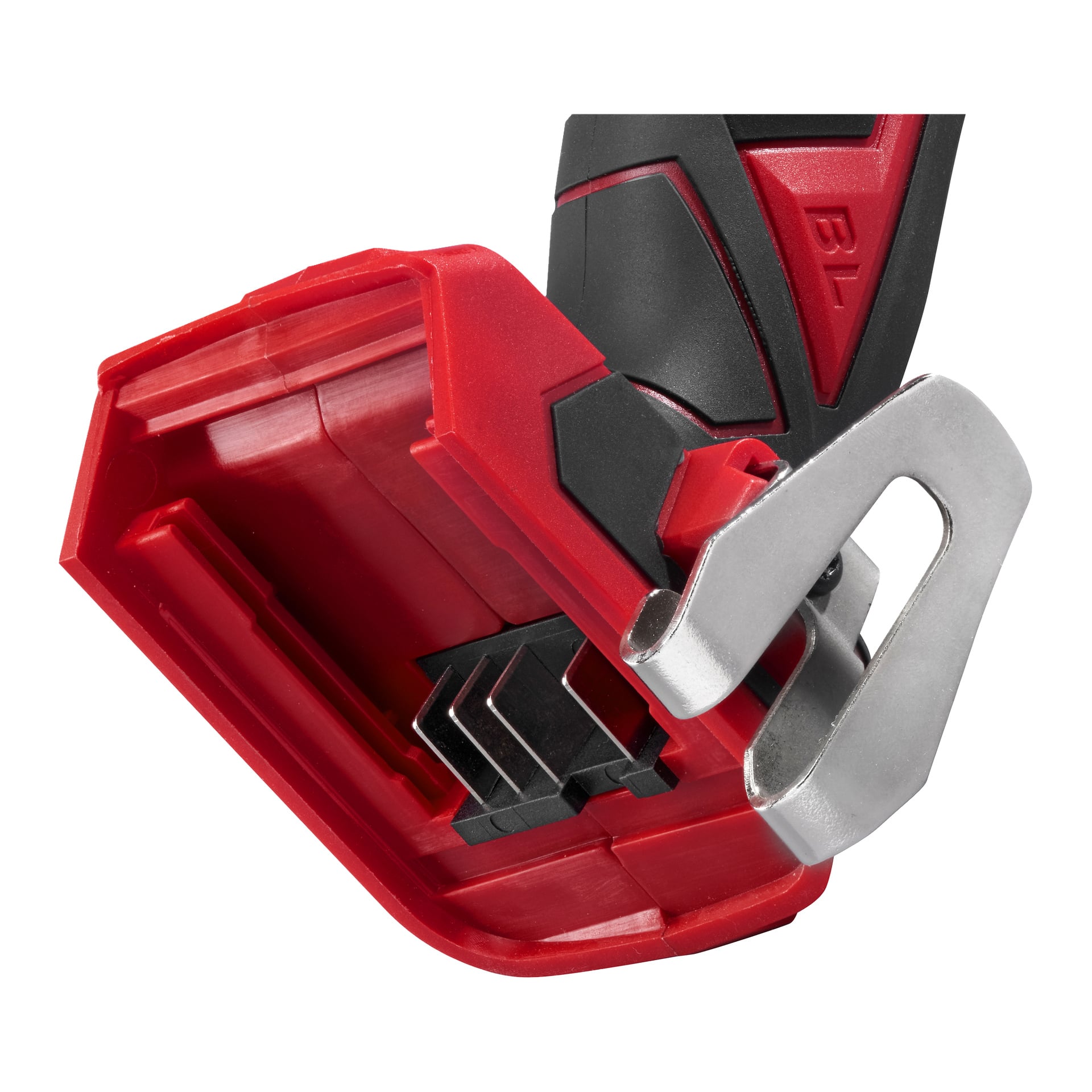 Bürstenloser Schlagschrauber ID-18V WORK 700 von Meec Tools Multiseries mit sichtbarem rot-schwarzem Batteriefach und einem silbernen Metallriemenclip am Griff.