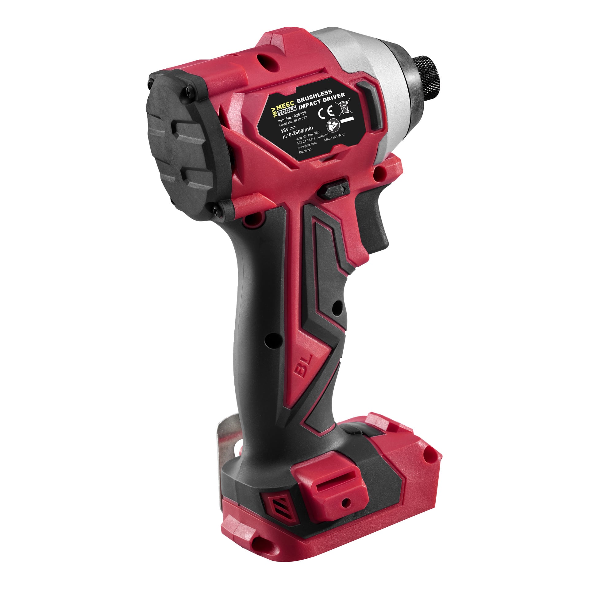 Der bürstenlose Schlagschrauber ID-18V WORK 700 von Meec Tools Multiseries ist rot und schwarz, kabellos, verfügt über einen Metallgurtclip, sichtbaren Abzug, Griff, Knöpfe und Beschriftungen. Der Akku ist nicht angeschlossen.