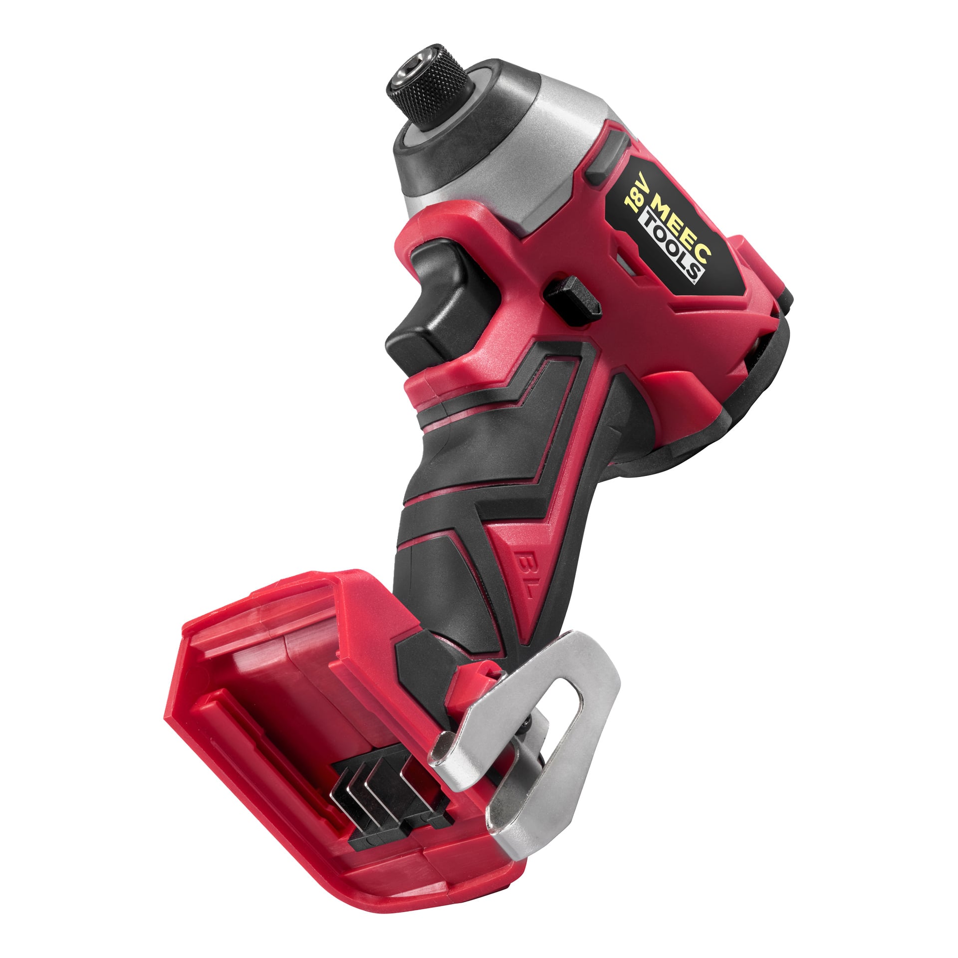 Ein rot-schwarzer bürstenloser Schlagschrauber mit der Beschriftung ID-18V WORK 700 von Meec Tools Multiseries, mit Metallriemenklammer und ohne Akku. Auf der Seite steht Meec Tools.