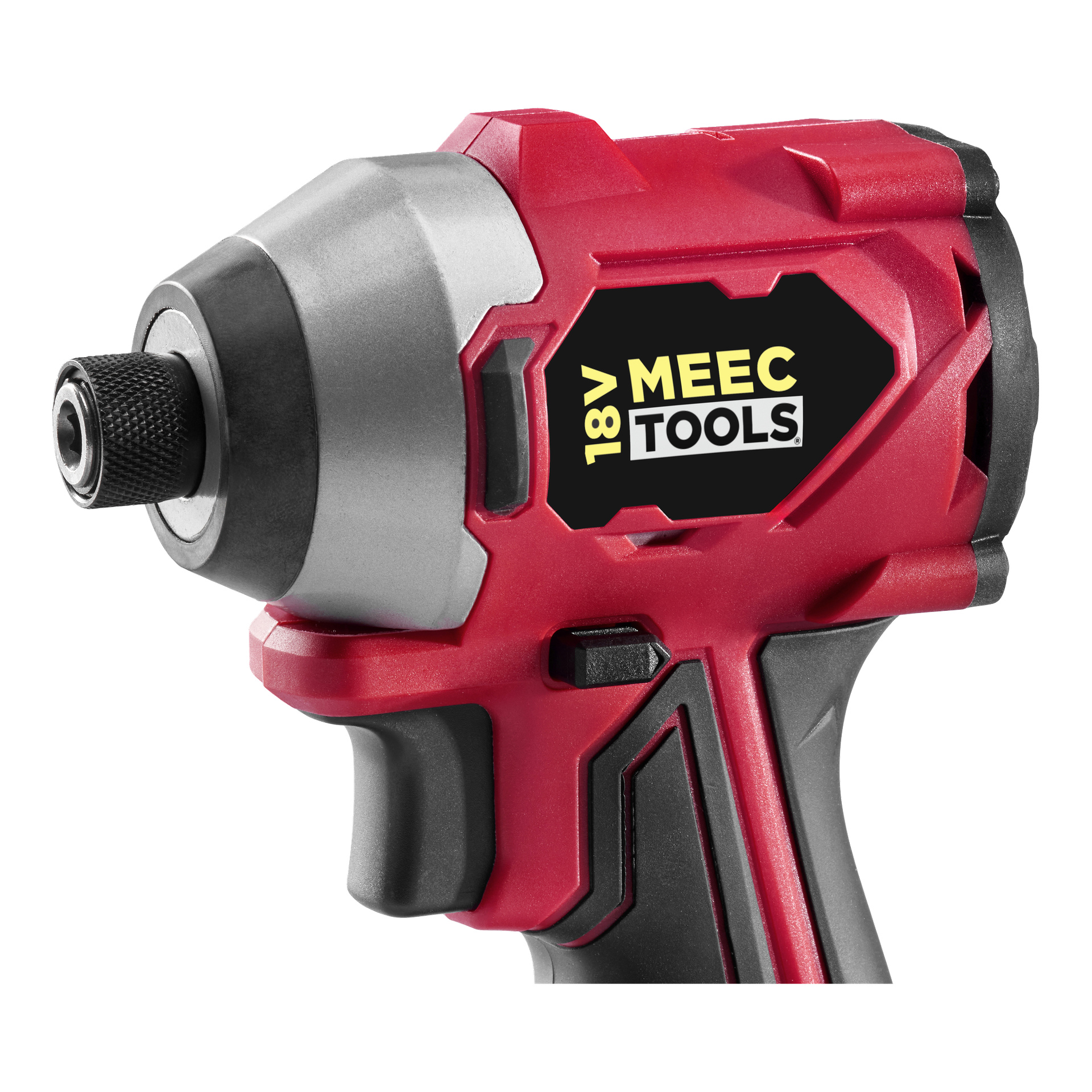 Eine Nahaufnahme eines rot-schwarzen Meec Tools Multiseries bürstenlosen Schlagschraubers mit dem Label ID-18V WORK 700, der Kopf, Abzug und Griffgriff hervorhebt.